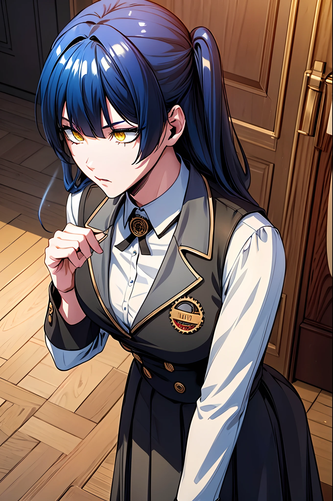 masterpiece, best quality, ultra-detailed, illustration, vibrant details,cinematic lighting,moody lighting (1girl), solo, perfect anatomy, beautiful detailed eyes,(upper body:0.8) , (close-up:0.8), sharp focus, glowing eyes, detailed 4k eyes,blue hair, yellow eyes, twintails, school uniform, shirt, very long skirt, suit,((ultra detailed,hyperrealistic,unreal engine 5,Natural lighting,)) Preparing