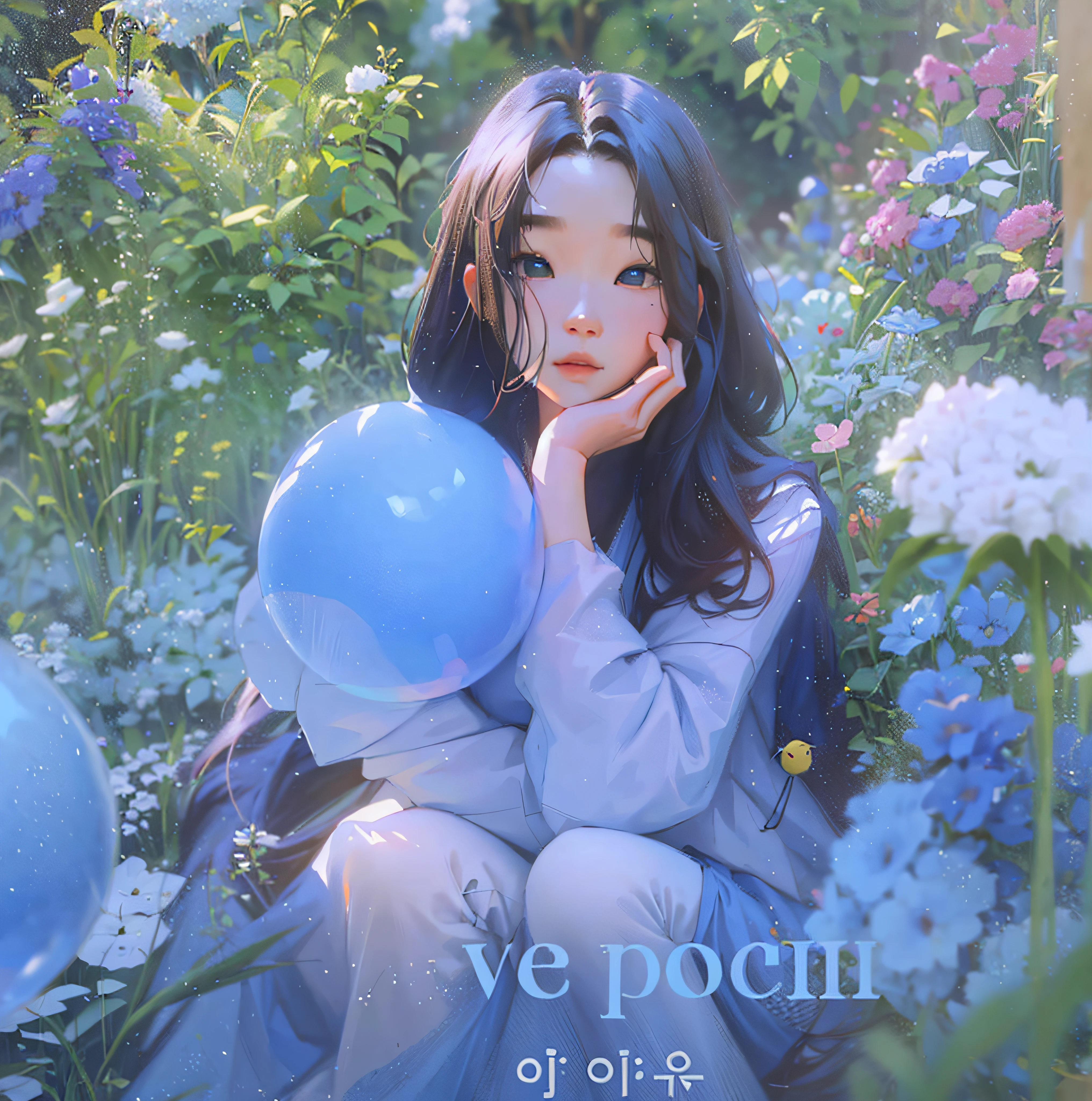 ((Best Quality, 8K, Masterpiece: 1.3)), best quality, ultra high res, (photorealistic:1.4),1girl, IU, Lee Ji-eun, iu art, arms behind back, colorful, clear sharp focus, soft lights, Intricate details, perfect face, arafed image of a woman sitting in a garden with a blue balloon, jaeyeon nam, jinyoung shin, jiyun chae, by Kim Myeong-guk, by Kim Jeong-hui, kim hyun joo, heonhwa choe, kim doyoung, by Sim Sa-jeong, album art, album art cover, poetry, large view