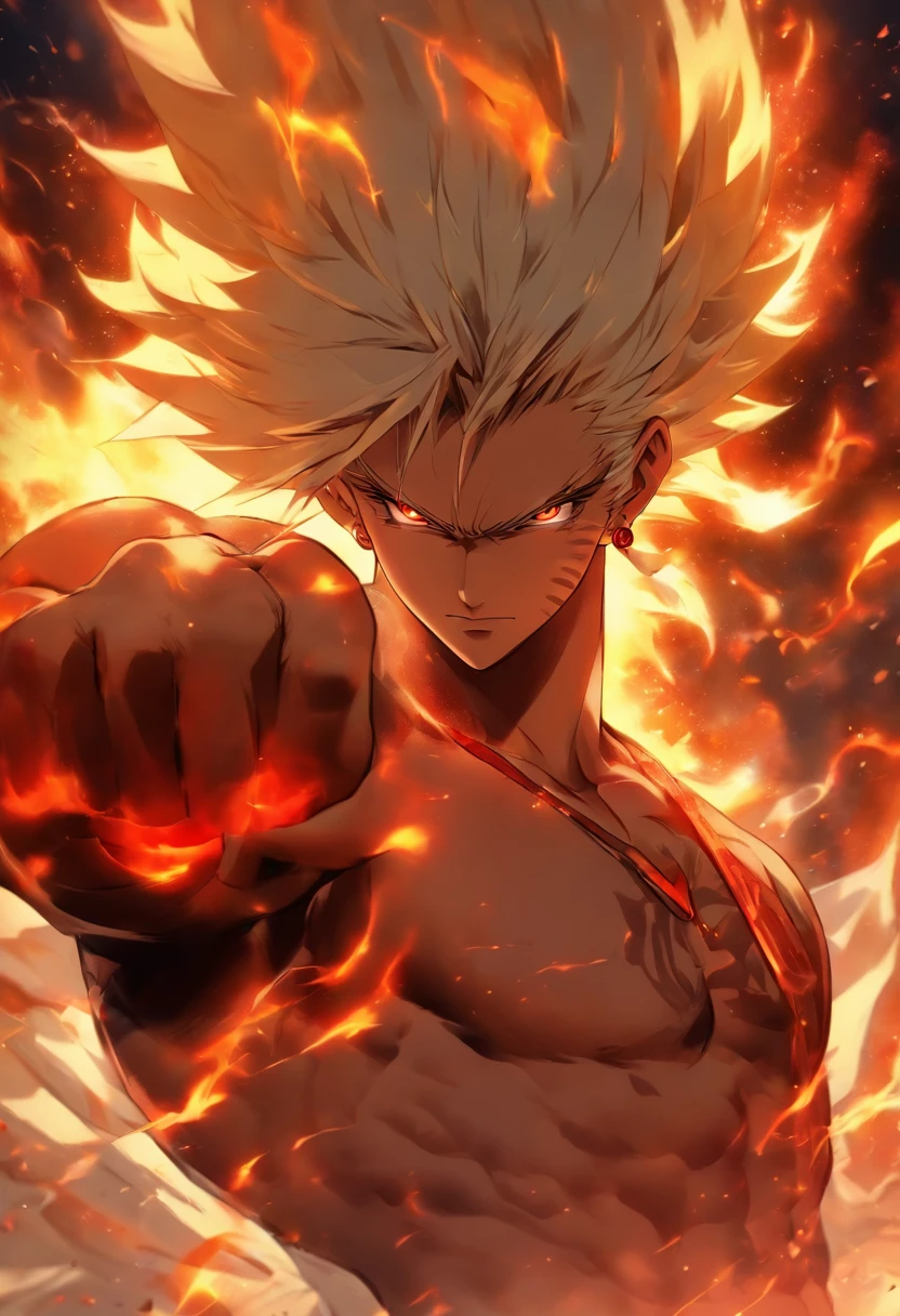 a male anime character with white hair and red eyes, character album cover, full art, fantasy character, full art illustration, full portrait of elementalist, character profile art, official character art, official character illustration, merlin, high detailed official artwork, game key art, omoide emanon, oz, mobile game art, fangs, smug face, white hair, no shirt, shirtless, muscular body, walking pose, white clothes, and fiery clothes.