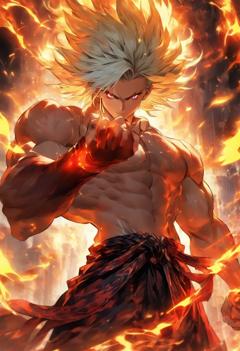 a male anime character with white hair and red eyes, character album cover, full art, fantasy character, full art illustration, full portrait of elementalist, character profile art, official character art, official character illustration, merlin, high detailed official artwork, game key art, omoide emanon, oz, mobile game art, fangs, smug face, white hair, no shirt, shirtless, muscular body, walking pose, white clothes, and fiery clothes.