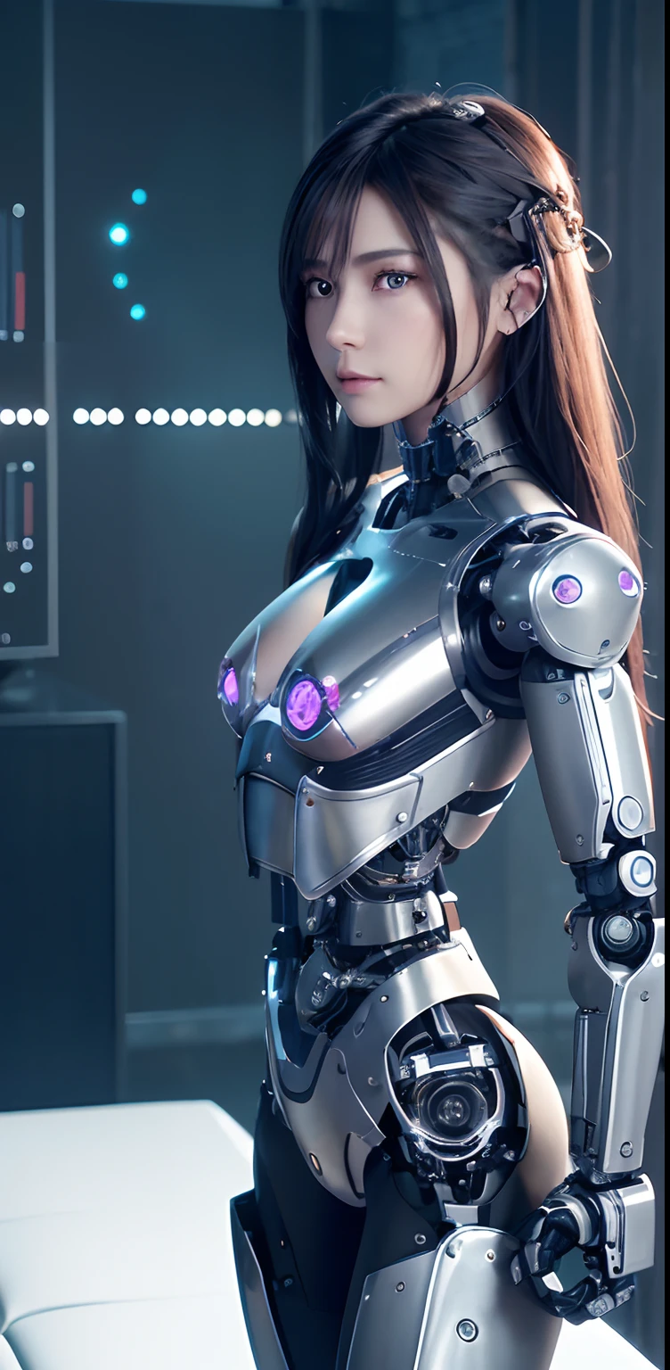 top-quality、​masterpiece、超A high resolution、(Photorealsitic:1.4)、((a beauty girl:1.6)), 1 full-body cyborg girl、sixteen years old、NOhumans、No bust、Black Leotard、Black Armor、destroyed body、Under repair、Decomposing、Full body like、Unknown Planet、electronic brain、((The skin part is only the face)), Luminous Eyes、((Lots of split metal chest protectors)), Metal Robot、((The whole body is the body of a combat robot))、((Body parts are robot parts:1.8))、((The internal mechanisms of the chest are exposed)), ((Mechanical chest armor with LED indicators and meters)), Robot arms and legs、((Exposed metal skeleton of the abdomen))、Metal skeleton of the cervical region、Under repair、destroyed body、Metal Mechanical Bra、Full Body Metal Skin、Metal bodysuit、Metal scales covering the whole body、body made of metal、Whole body metal、a beauty girl、prosthetic hand、artificial leg、Full body cyborg、Exposed metal skeleton、Asian Beauty、cyberpunked、steampunc、Inside the futuristic space battleship、laboratory、Complex 3d rendering beautiful porcelain profile ultra detailed female type android face、dark brown  hair、glowy skin、((super realistic details))、portlate、globalillumination、Shadow、octan render、metals、Details of complex ornaments、Japan details、highly intricate detail、Realistic light、CGSoation Trends、a purple eye、radiant eyes、Facing the camera、neon details、Mechanical limbs、blood vessels connected to tubes、Mechanical vertebrae attached to the back、mechanical cervical attaching to neck、sitting on、Wires and cables connecting to the head、Gundam、Small LED lamp、​masterpiece、 Metal Robot、body made of metal、Whole body metal、prosthetic hand、artificial leg、Full body cyborg、Exposed metal skeleton、Asian Beauty、cyberpunked、steampunc、Futuristic cities、laboratory、Complex 3d rendering beautiful porcelain profile super detailed female android face、cyborgs、roboticparts、150mm、beautiful studio soft light、Rim Lights、vibrant detail、luxuriouscyberpunk、Ren Hao、surrealistic、Anatomical、face muscles、cable electric wires、micr