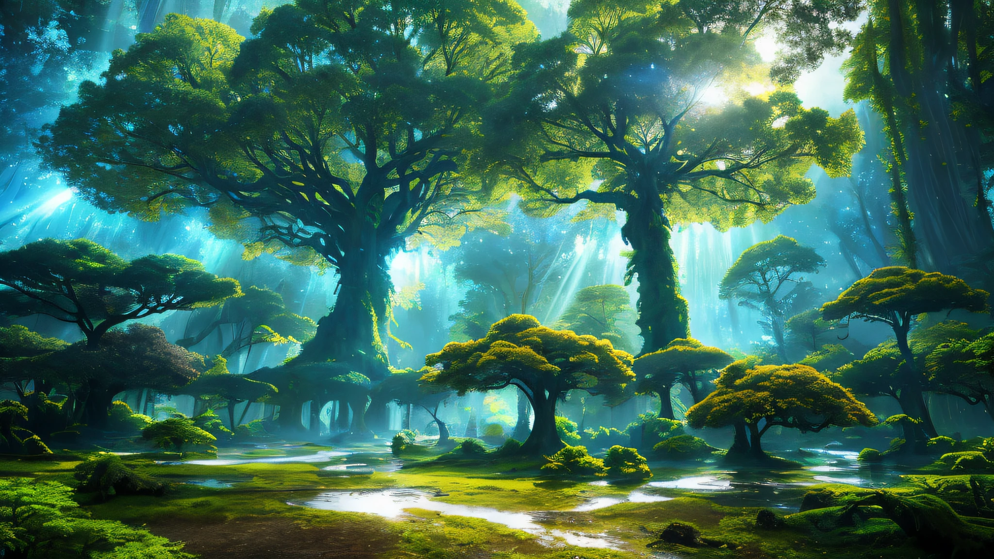 Forest at night, masterpiece, best quality, high quality, highly detailed CG unity 8k wallpaper, surreal giant cyan rain tree in a futuristic prehistoric village, splashing water, sandy debris, lens flare , sun axis, fluffy clouds, ultra detailed, HDR, bloom, photorealistic, ultra detailed