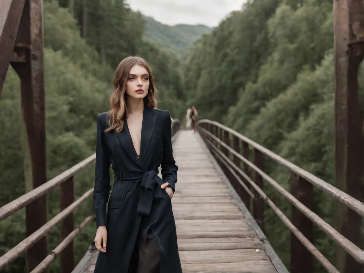 beautiful girl walking on old metal bridge old photo