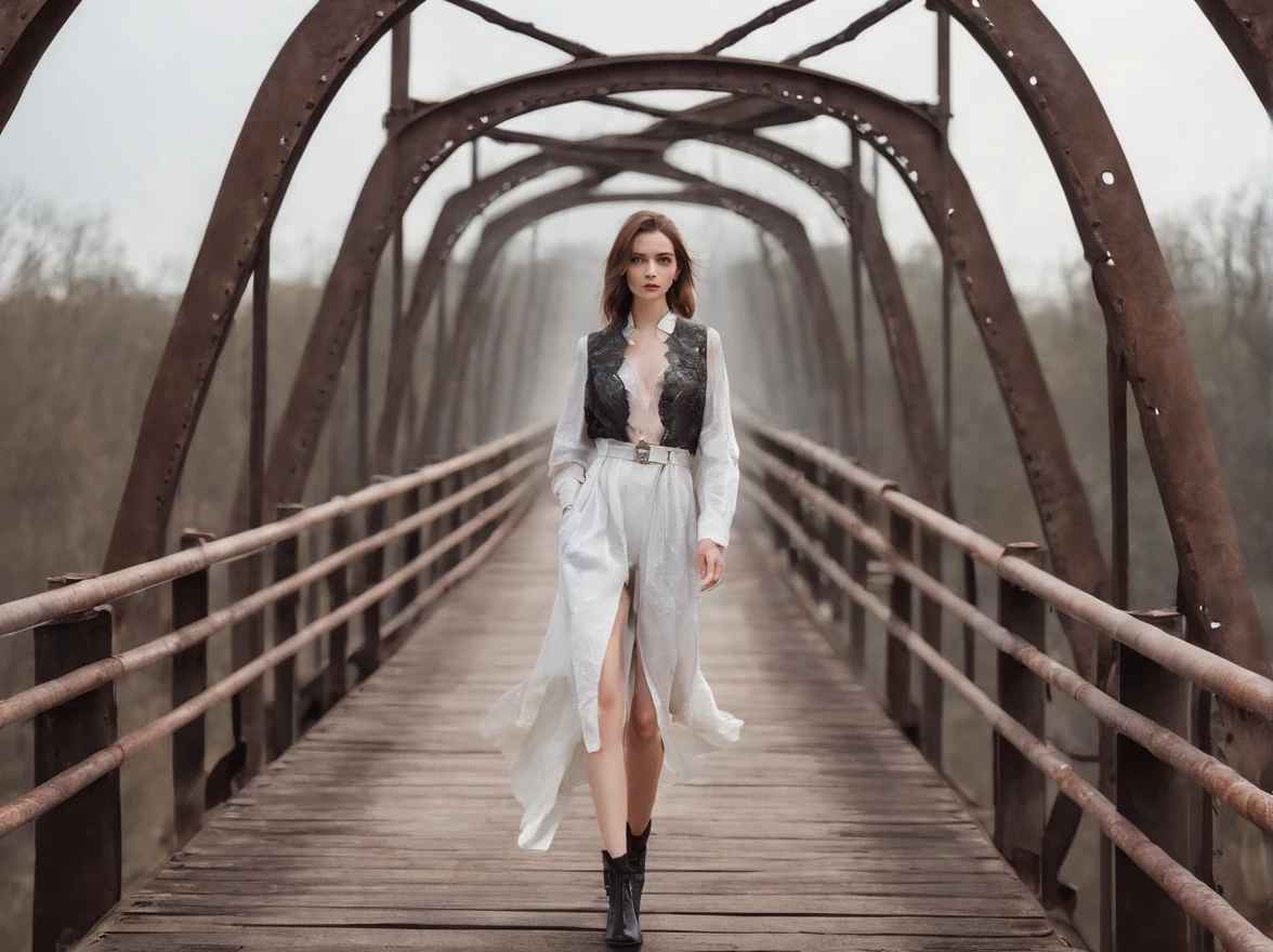 beautiful girl walking on old metal bridge old photo