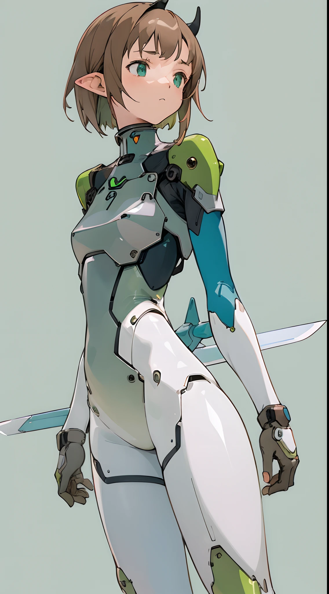 (masterpiece, best quality) detailed, 1Character , blue archive art style ,  pastel washed out colors , cell shade , soft, muted shades ,gentle colors ,


Wearing a mix of a futuristic body suit and sword art online outfit ,Pretty woman , short hair , brown hair , dragon horns , bright green eyes , pointed ears , thin eyebrows , light skin