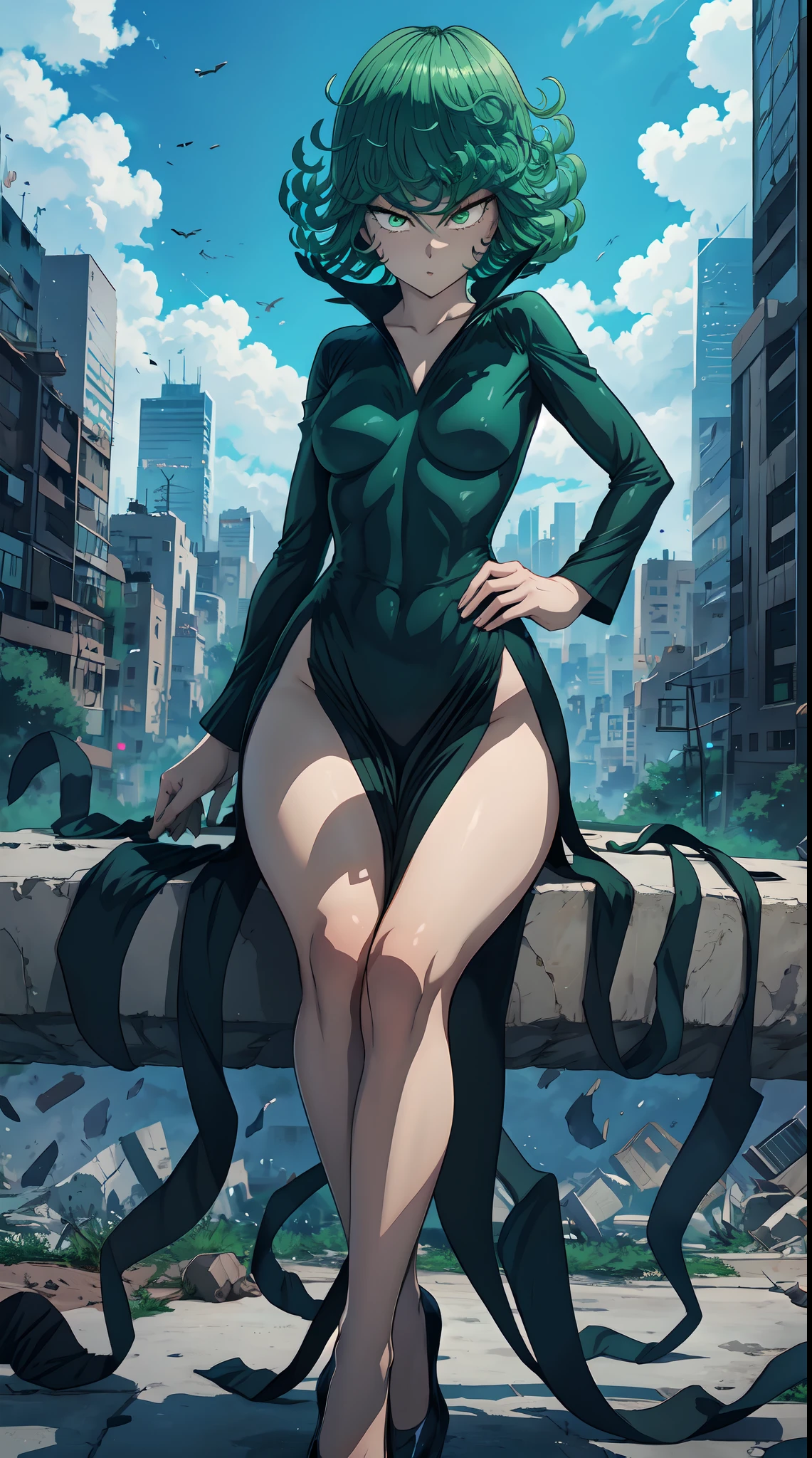 Tatsumaki from one punch man, short green hair, green eyes, Small breast, wearing fitting V-neck black dress, smiling, sitting on the destroyed city, cinematic sky, hands on hip, full body view, dynamic pose, dynamic view.