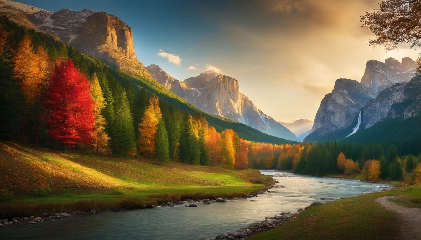 Mountain landscape with trees and a river