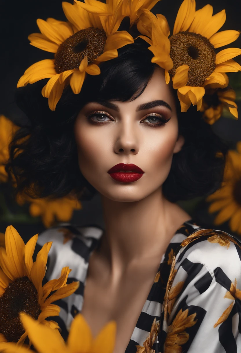 a 30 year old girl , bronze skinned, black silky short hair , wearing a black and white stripped pijamas , large lips , many war peircings , eating sun flower seeds