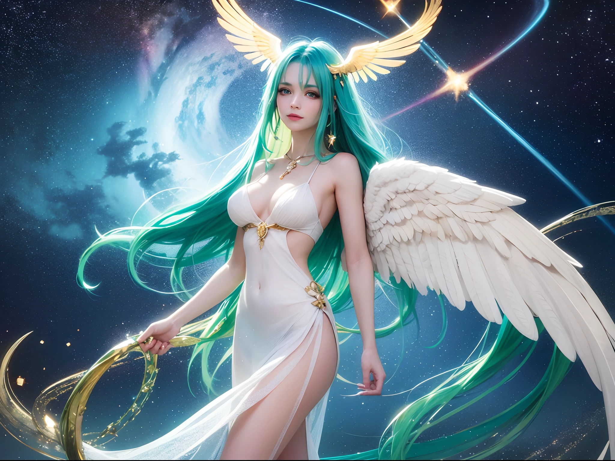 A woman, blue green hair, Red eyes, Smile, Angel wings, Golden halo, White body hair, Standing upright, In outer space, galaxy in background, stars in the distance, full bodyesbian