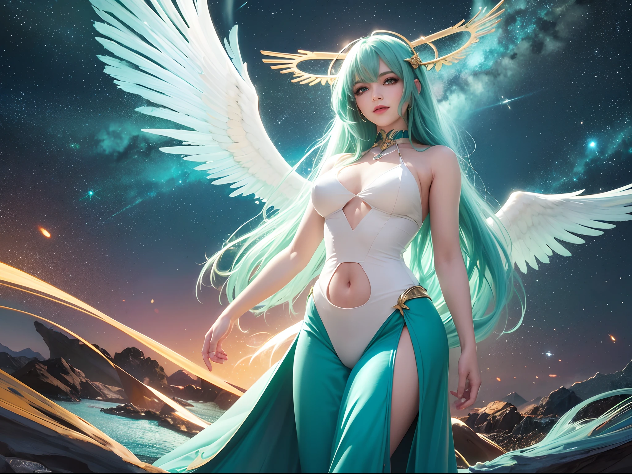 A woman, blue green hair, Red eyes, Smile, Angel wings, Golden halo, White body hair, Standing upright, In outer space, galaxy in background, stars in the distance, full bodyesbian