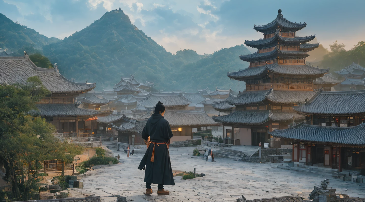 the roof，facing away from the audience（Doomsday ruins）eyes filled with angry，He clenched his fists，Rush up，Deliver a fatal blow to your opponent，full bodyesbian，Full Body Male Mage 32K（tmasterpiece，k hd，hyper HD，32K）Long flowing black hair，Explosive ruins of a campsite，zydink， a color， Dynamic posture（Explosive ruins）， （Linen batik scarf）， Angry fighting stance， looking at the ground， Batik linen bandana， Chinese crane pattern long-sleeved garment， thick paint（Abstract propylene splash：1.2）， Dark clouds lightning background，Flour flies（realisticlying：1.4），Black color hair，Flour fluttering，Background fog， A high resolution， the detail， RAW photogr， Sharp Re， Nikon D850 Film Stock Photo by Jefferies Lee 4 Kodak Portra 400 Camera F1.6 shots, Rich colors, ultra-realistic vivid textures, Dramatic lighting, Unreal Engine Art Station Trend, cinestir 800，Flowing black hair,（（（Male mage））），The male mage was furious，View of Alates in a Chinese village with mountains as a backdrop, dreamy Chinese towns, Detailed scenery —width 672, Tang Dynasty Palace, Ancient Chinese architecture, peaked wooden roofs, golden hour in beijing, Taoist temples and monks, the taoist temples of huangshan, Beautiful rendering of the Tang Dynasty, jin shan,