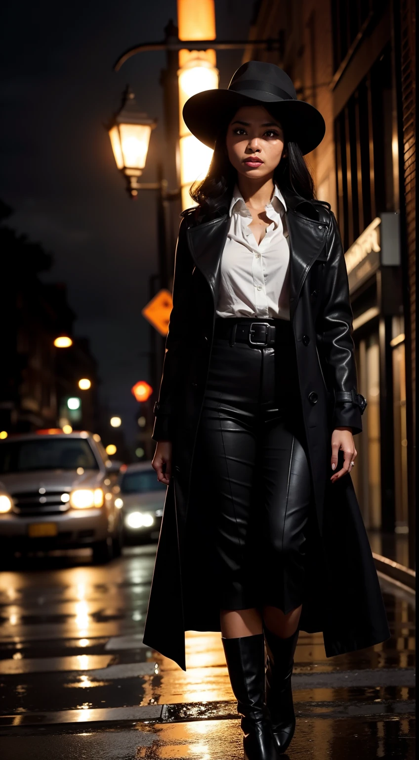 Create a dramatic film noir scene with the Malay woman in a classic trench coat and fedora, standing under a dimly lit streetlamp in the rain, capturing the essence of a vintage detective movie