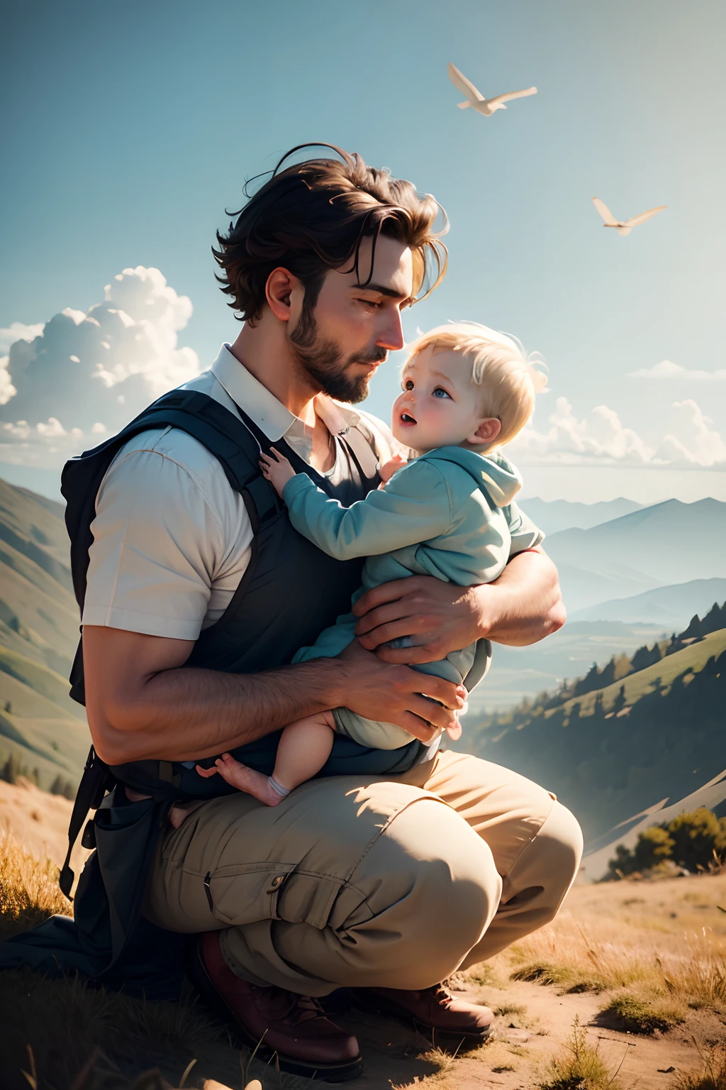 a bird father holds a human on top of a hill