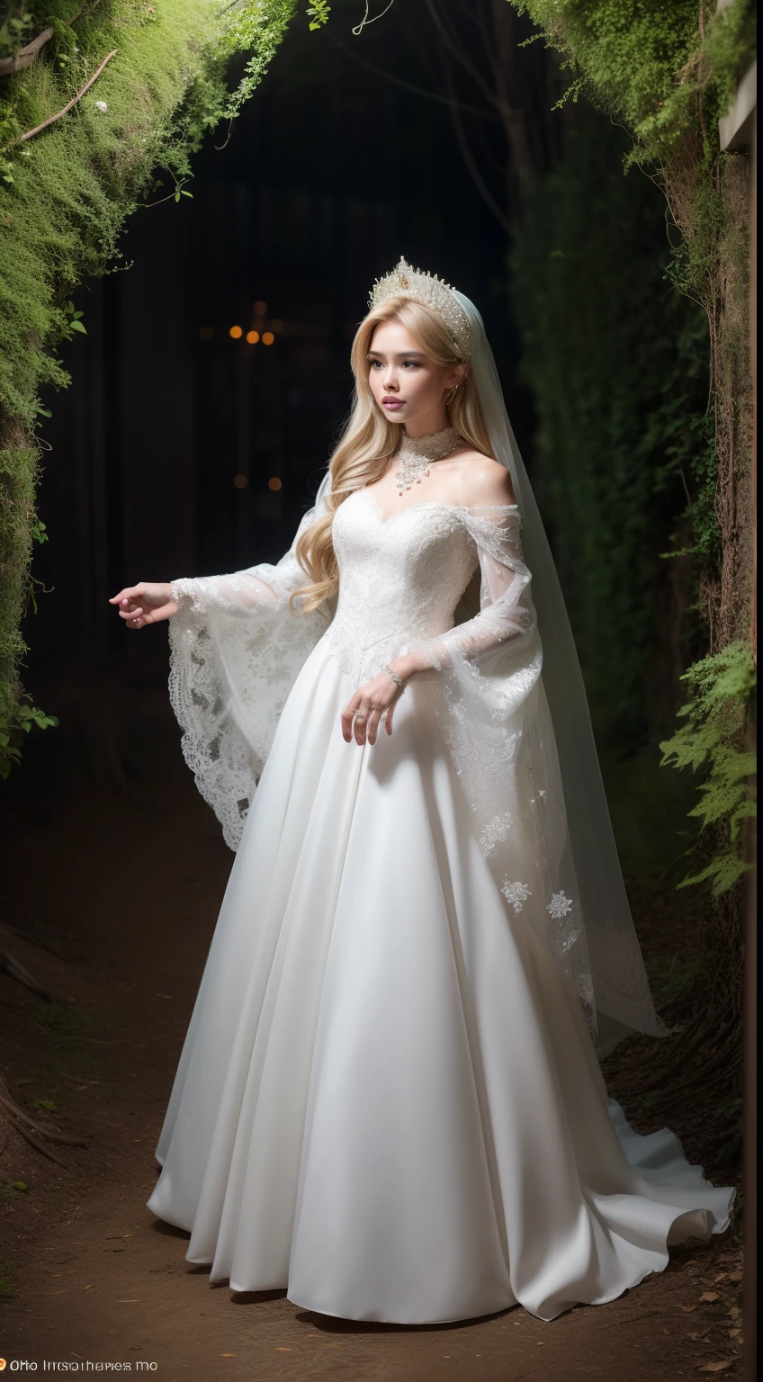Illustrate a whimsical fairy tale scene where the Malay woman is dressed as a princess in an elaborate, ethereal gown, very long white hair, wavy hair with bangs, standing in a magical forest illuminated by soft, enchanted lighting