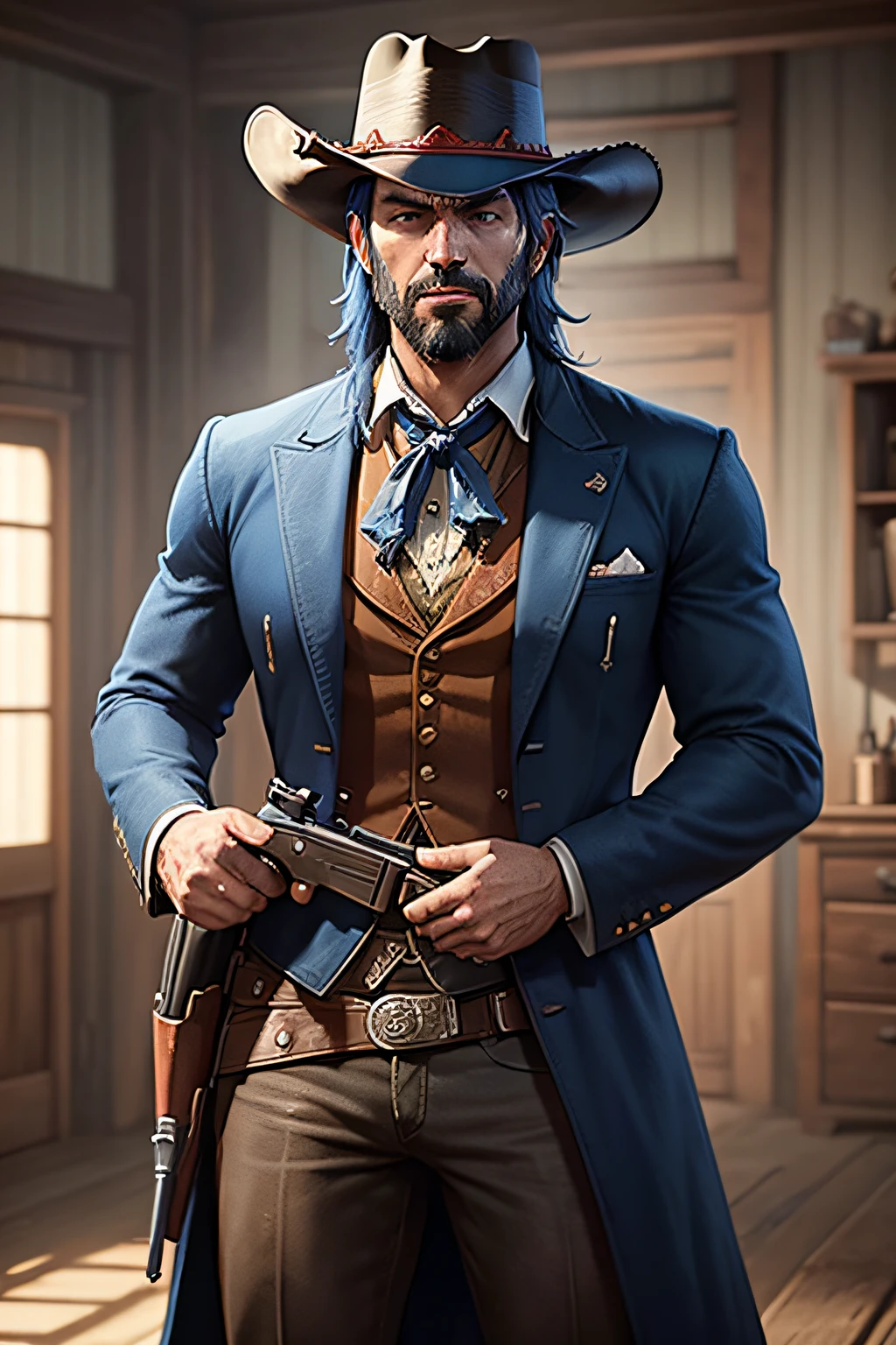 arafed man with a hat and a gun in a room, arthur morgan,blue dress, black hat, blue beard, blue hair, in red dead redemption 2, [ red dead ], jesse mccree, in red dead redemntion 2, red dead redemption 2,blue dress, black hat, blue beard, blue hair, red dead redemption2, 🤠 using a 🖥, rdr 2 mod, trump in rdr2, dead redemption, rdr2, red dead redemption, blue dress, black hat, blue beard, blue hair