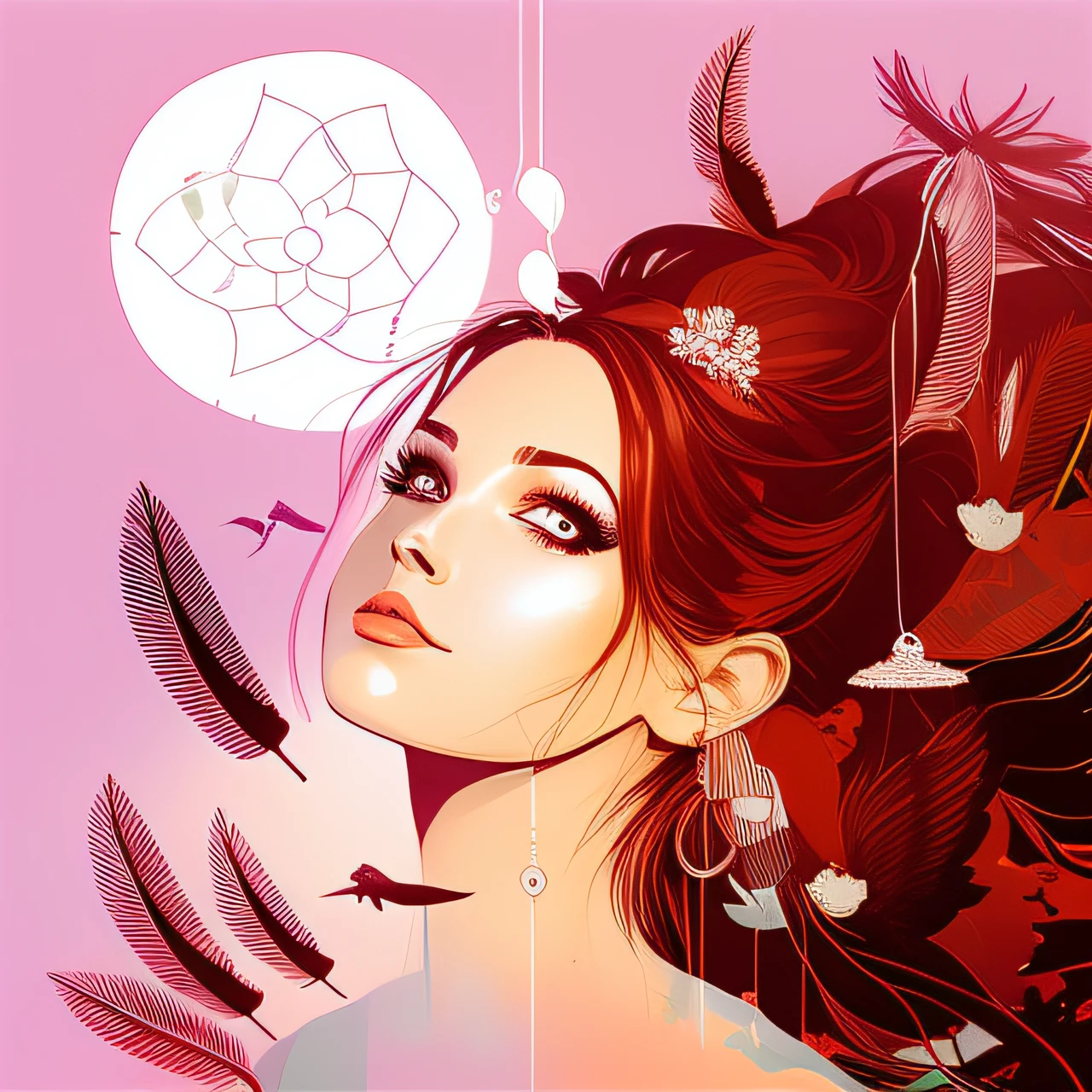 Illustration of a woman with a dream catcher and birds in her hair, Jen Bartel, von Tim Bishop, im Stil der digitalen Illustration, a beautiful artwork illustration, There are birds on her head, Adobe Illustrator-Kunst, von Eddie Mendoza, Im Stil von Laurie Greasley, von Galen Dara, Illustrationskunst, Brittney Lee, Hochdetaillierte Vektorgrafiken schamistescher flair