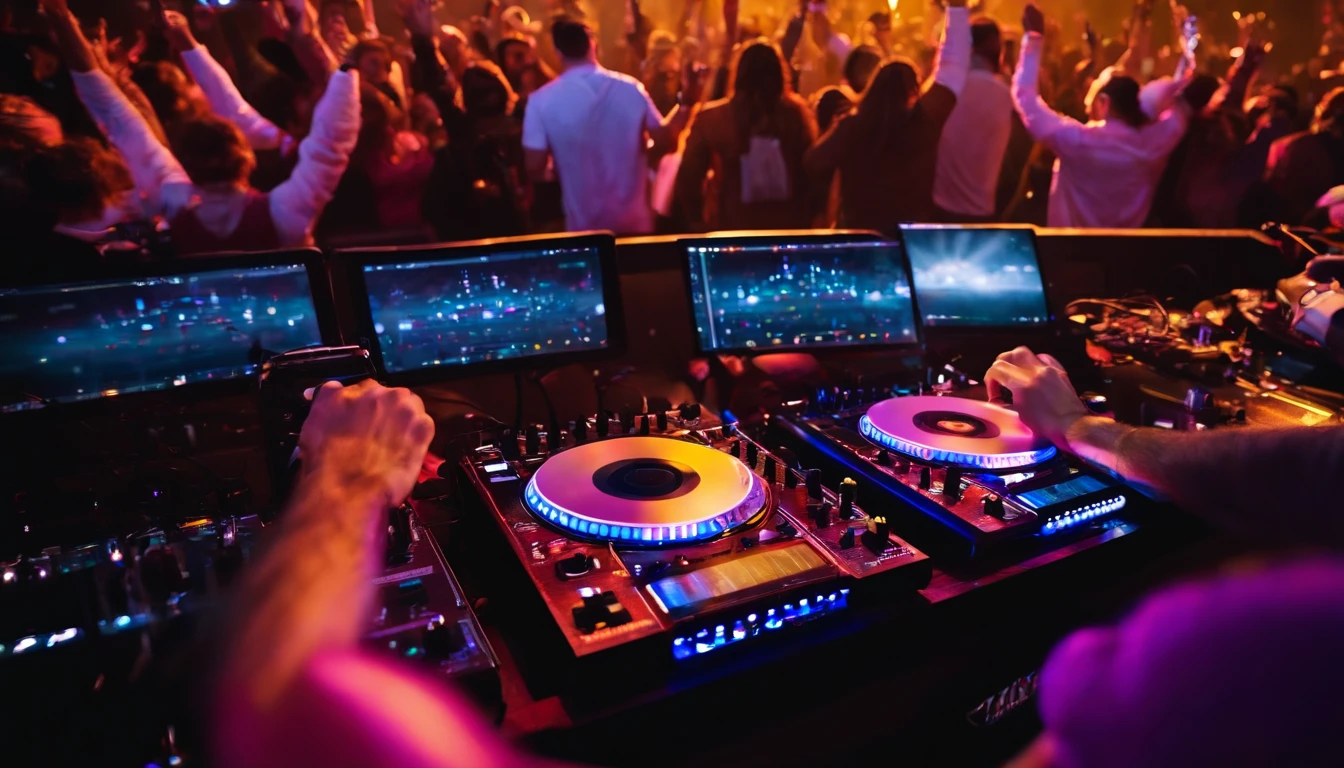 concierto de musica electronica con un dj y multitud levantando las manos