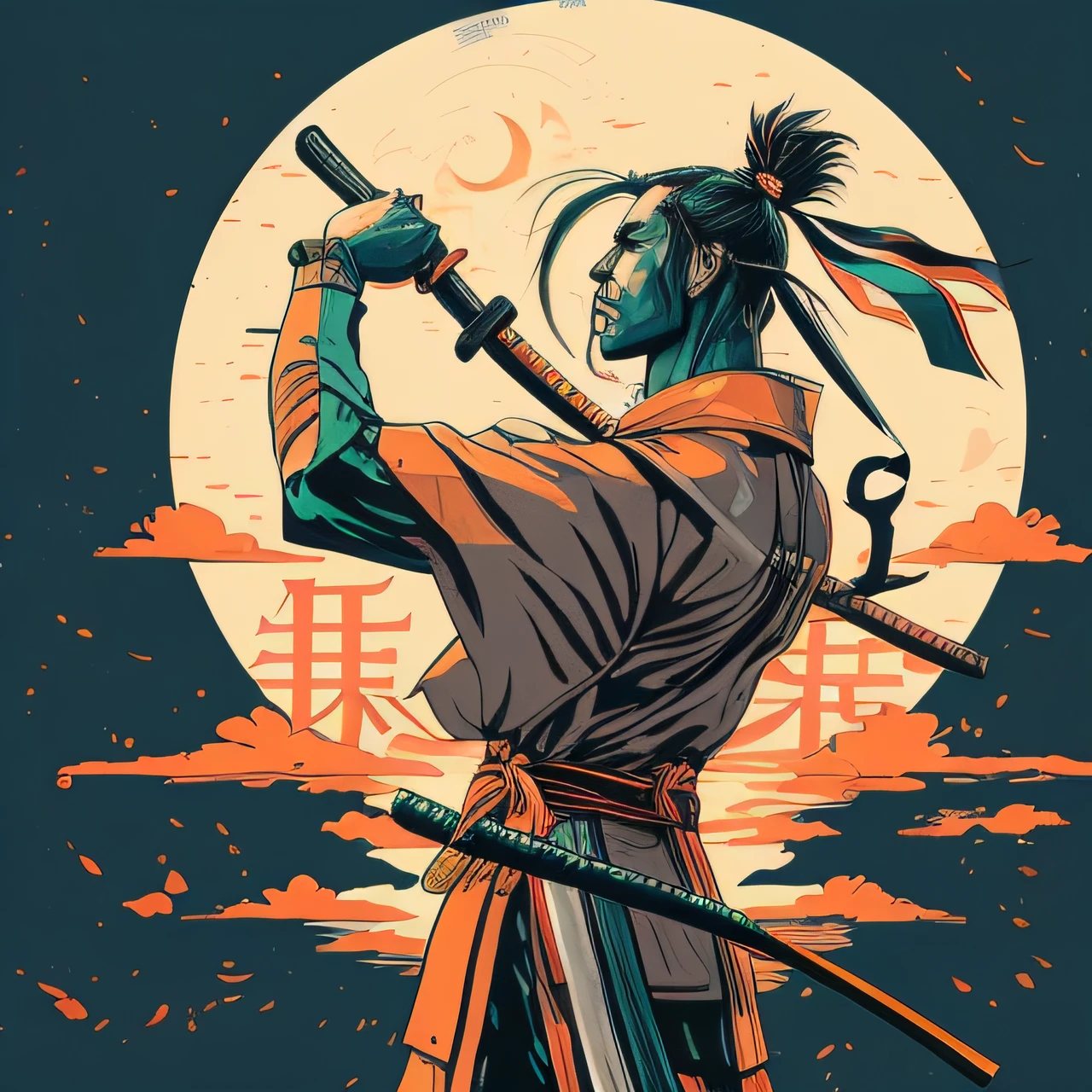 Illustration eines Mannes mit einem Schwert vor einem Vollmond, inspired by Kanō Hōgai, Samurai aufwecken, Samurai-Mann Vagabund, Samurai-Stil, Neon-Samurai, Urbane Samurai, Samurai-Jedi, inspired by Kanō Sanraku, Samurai Portrait, inspiriert von Yasuo Kuniyoshi, Street Samurai, Cyberpunk Samurai, Ronin