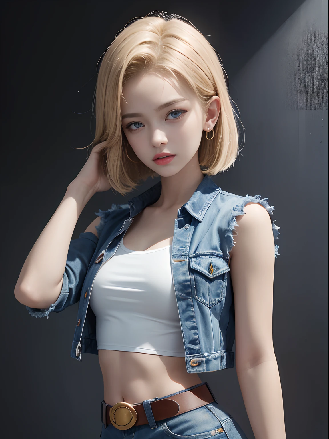 (Masterpiece, Best quality), 1girll, Beautiful face, Beautiful body,  Android18, Earrings, Denim, belt