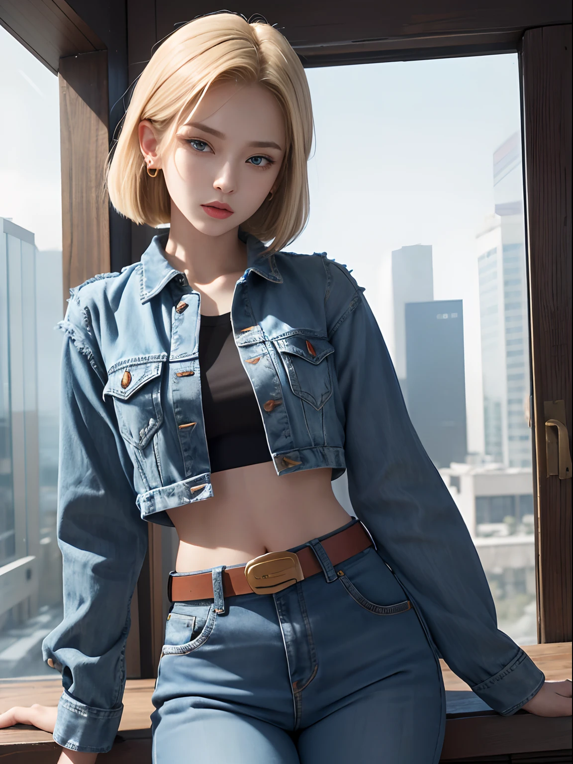 (Masterpiece, Best quality), 1girll, Beautiful face, Beautiful body,  Android18, Earrings, Denim, belt