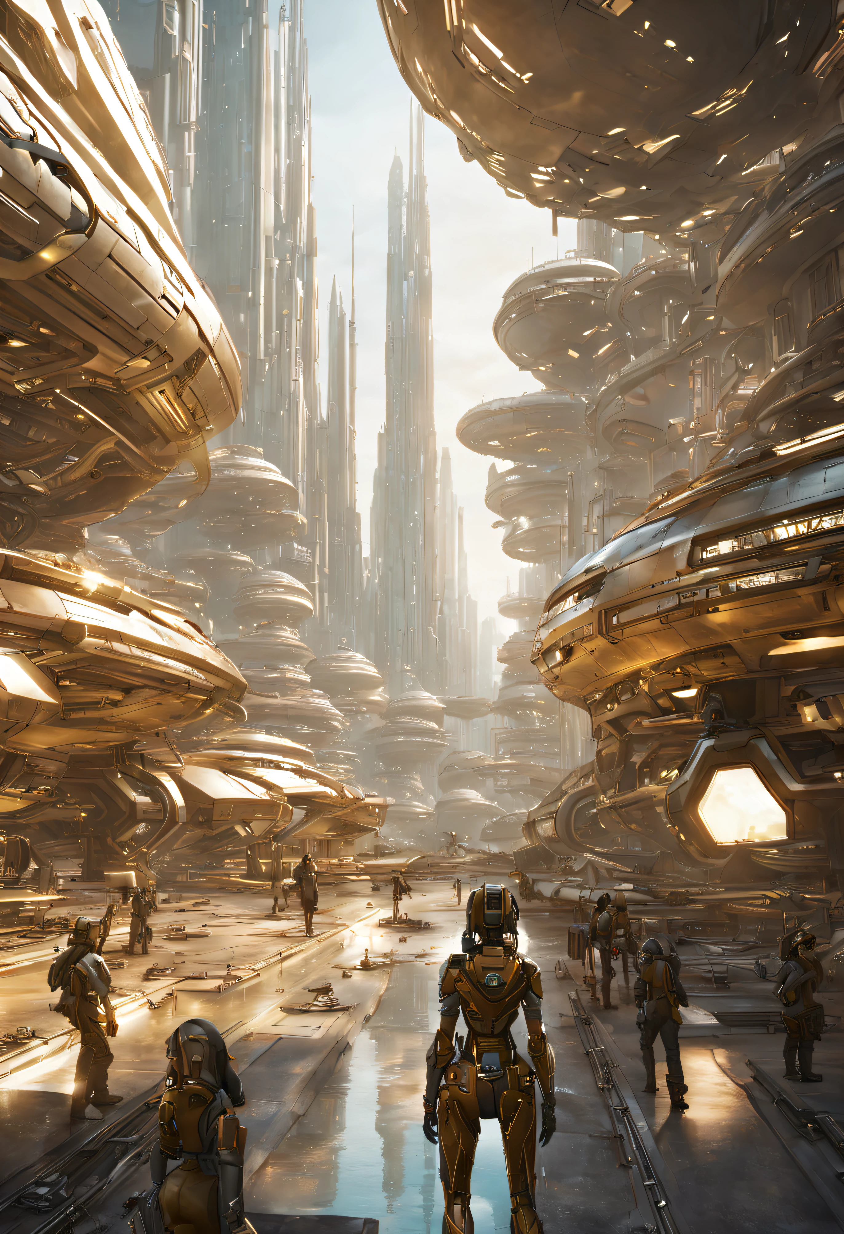 On an unknown planet there is a futuristic city with immense buildings of technological design, con estructuras acristaladas en plata, oro y bronce y maquinarias espectaculares en la que sobrevive un robot femenino espectacular.