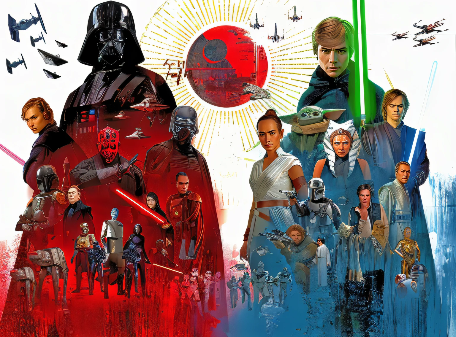 Star Wars movie poster in Samurai style, sci-fi, highly detailed,  in the style of hasselblad 1600f, contoured shading, dramatic, Watercolor, trending on artstation, sharp focus, studio photo, intricate details, highly detailed