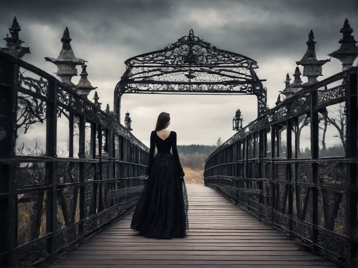 beautiful girl walking on old metal bridge old photo