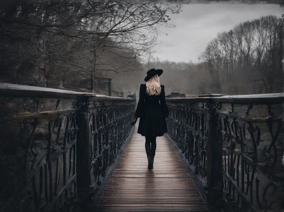 beautiful girl walking on old metal bridge old photo