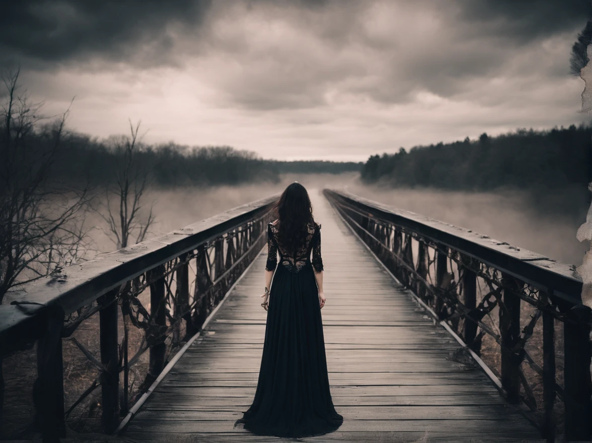 beautiful girl walking on old metal bridge old photo