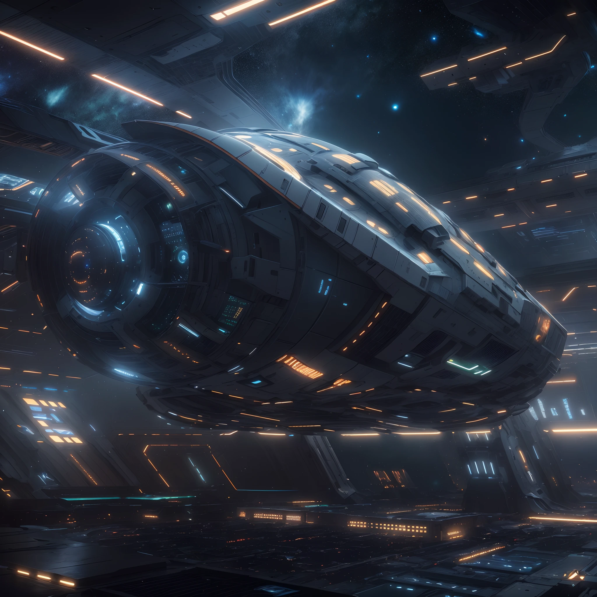 A huge spaceship,full bodyesbian，Solo，Spaceships in the Avengers，seen from outside，(multiple lighting sources:1.5),Detailed hull details,Cosmic galaxy background,Escaped spaceship,((Best quality)), ((Masterpiece)), (Epic composition:1.2), (unreal 5 render:1.1)