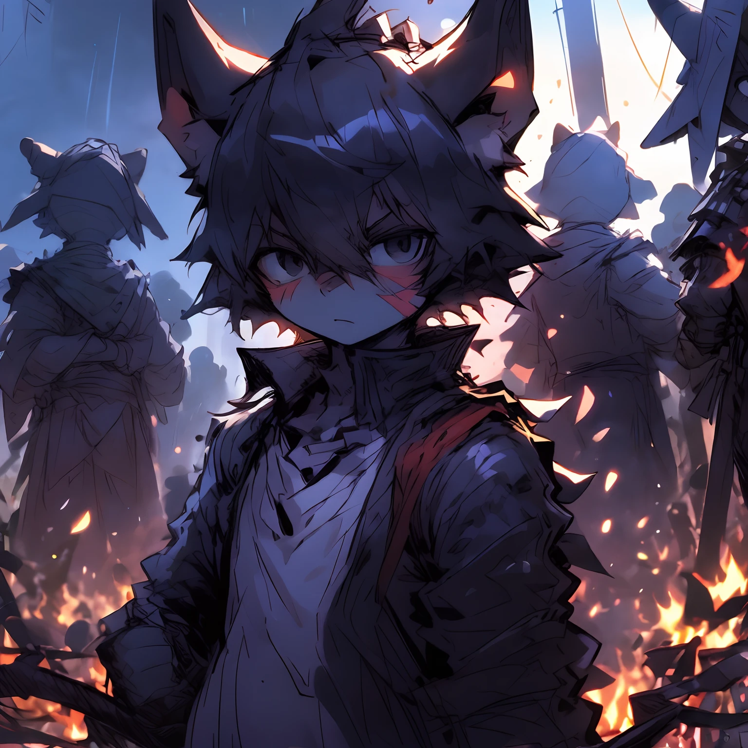 1boys, ((Masterpiece)), (Best quality), (Extremely detailed), Depth of field, Sketch, Dark intense shadows, Sharp focus, Soft lighting, hdr, Colorful, well-composed, Fire all around, Spectacular, Closed shirt, Anime screencap, scar under the eye, preparing to fight, Black eyes