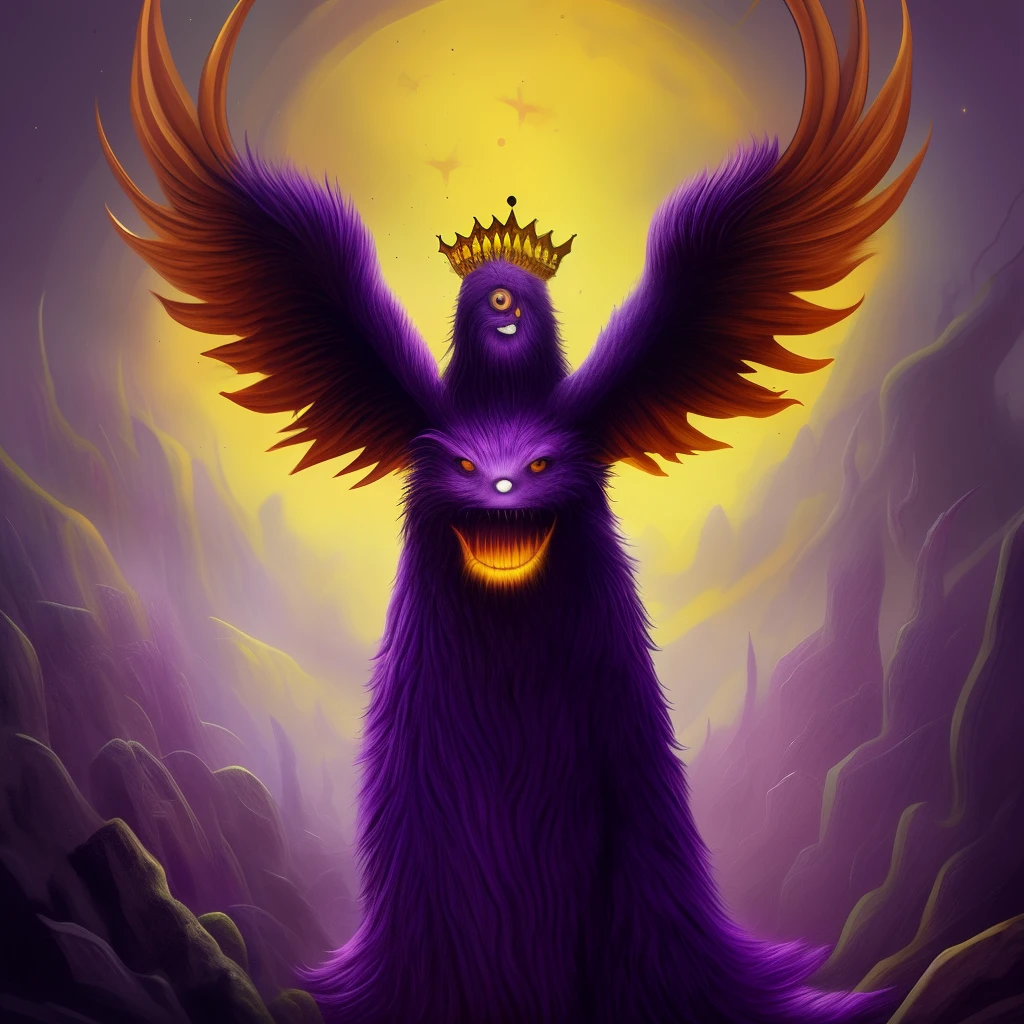 Illustration of a large purple monster with a golden crown on its head, fluffy fur, Two eyes, Medium round eyes, Teeth of different sizes, Powerful Long Arms, Powerful long legs, Medium-sized wings, Stinging thorns on the body, Different shades of purple, Against the background of a purple sky with stars. oil painting, Mythological creatures, high detailed digital art, intricate fantasy painting.