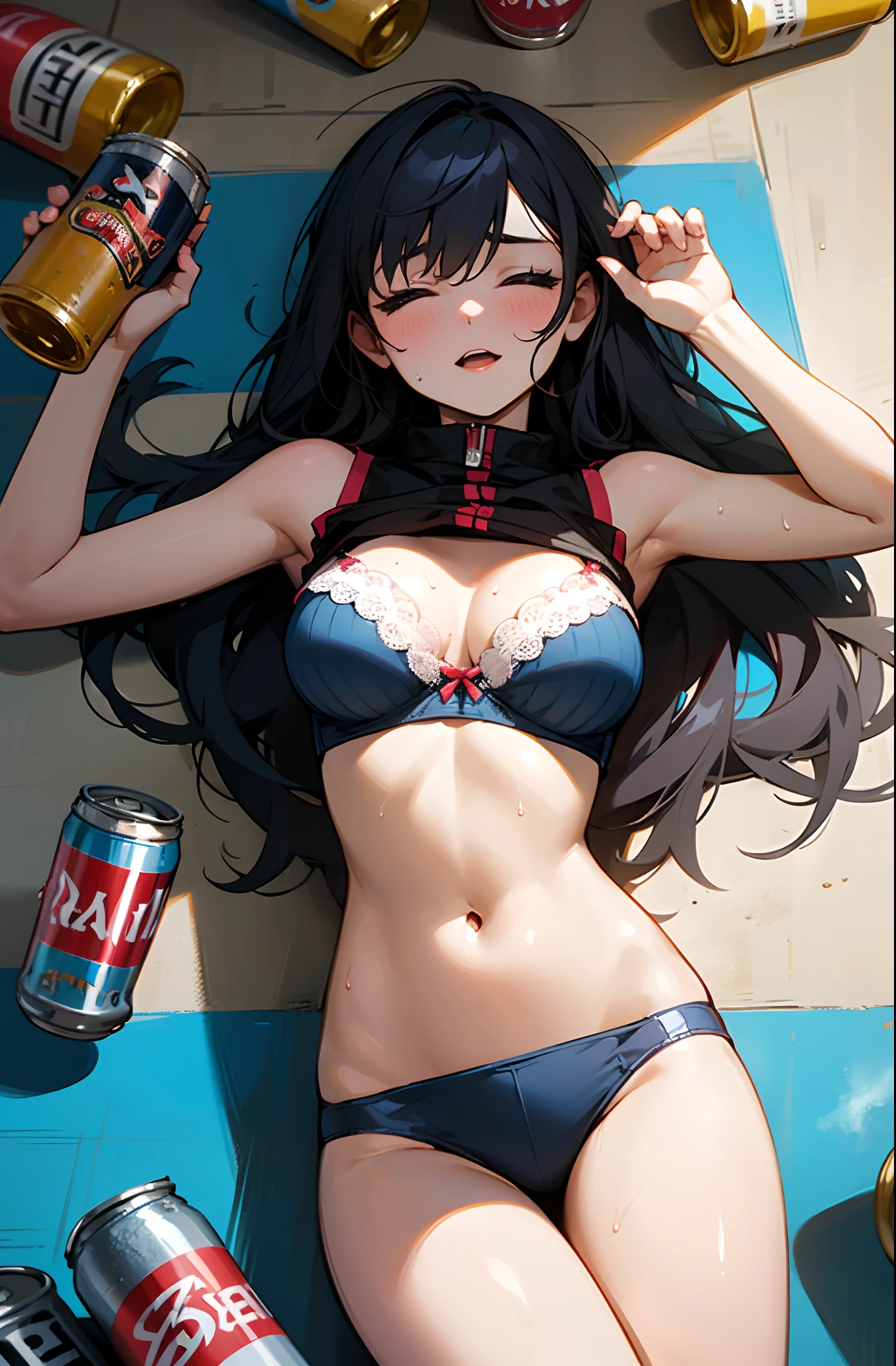 1girl, drunk, very drunk, on the floor, lying on the floor, from above, sleeveless, clothes lift, bra, knock out, steam, hot summer, beer cans on the floor, beer can, sweaty