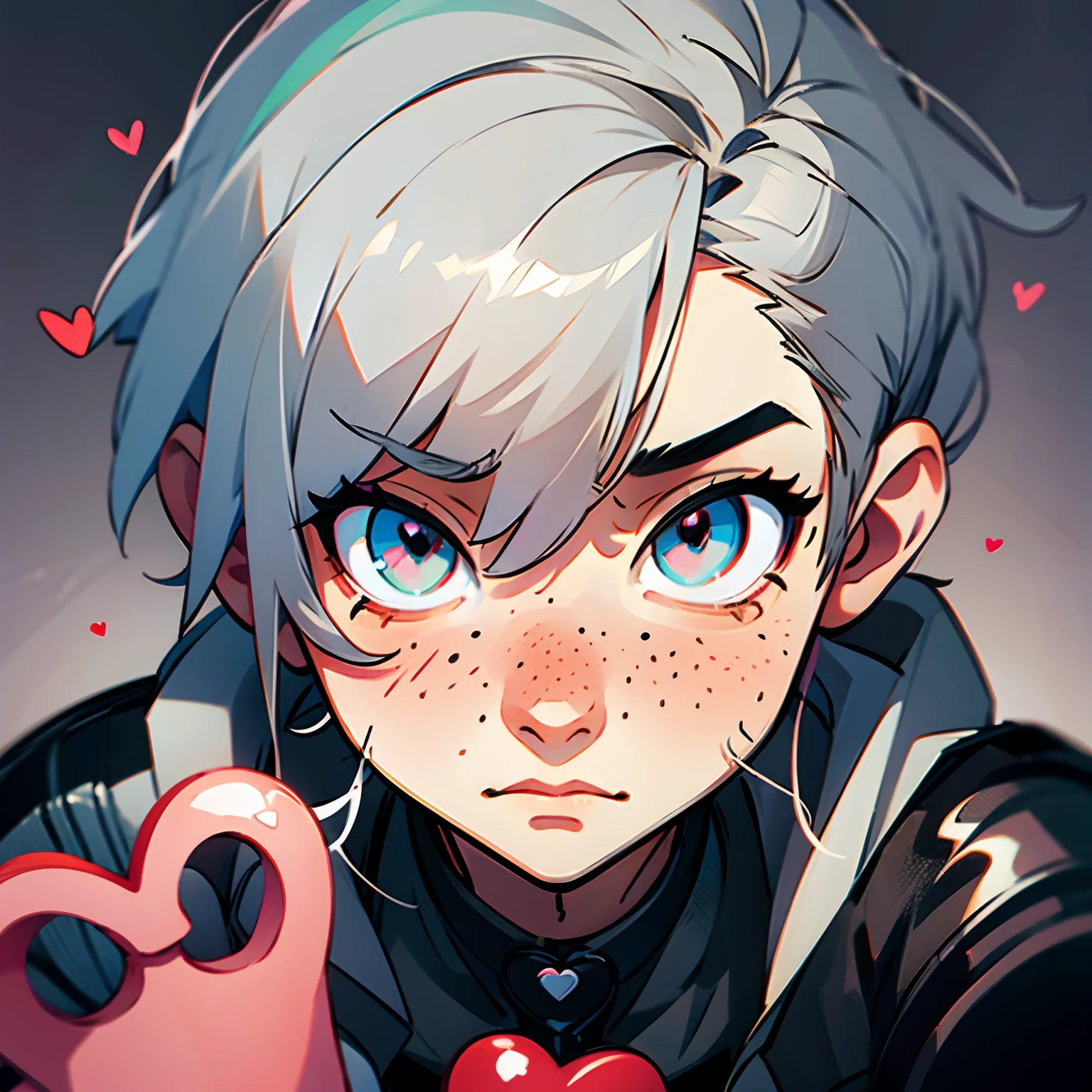 Heart-shaped target, cute guy, gray hair, With black tears, freckles