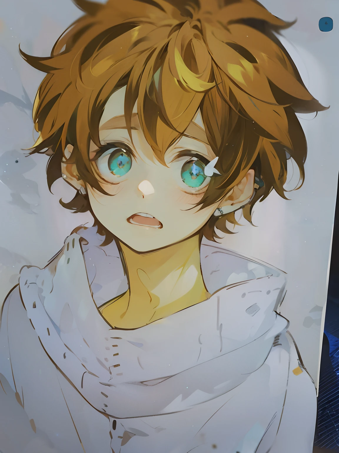 Masterpiece, Best quality, high resolution, 1boys, Super high resolution, Solo, Mech pilot, Earphone, Pink eyes, Blue tights, Brown hair, White gloves, Cats make ornaments,