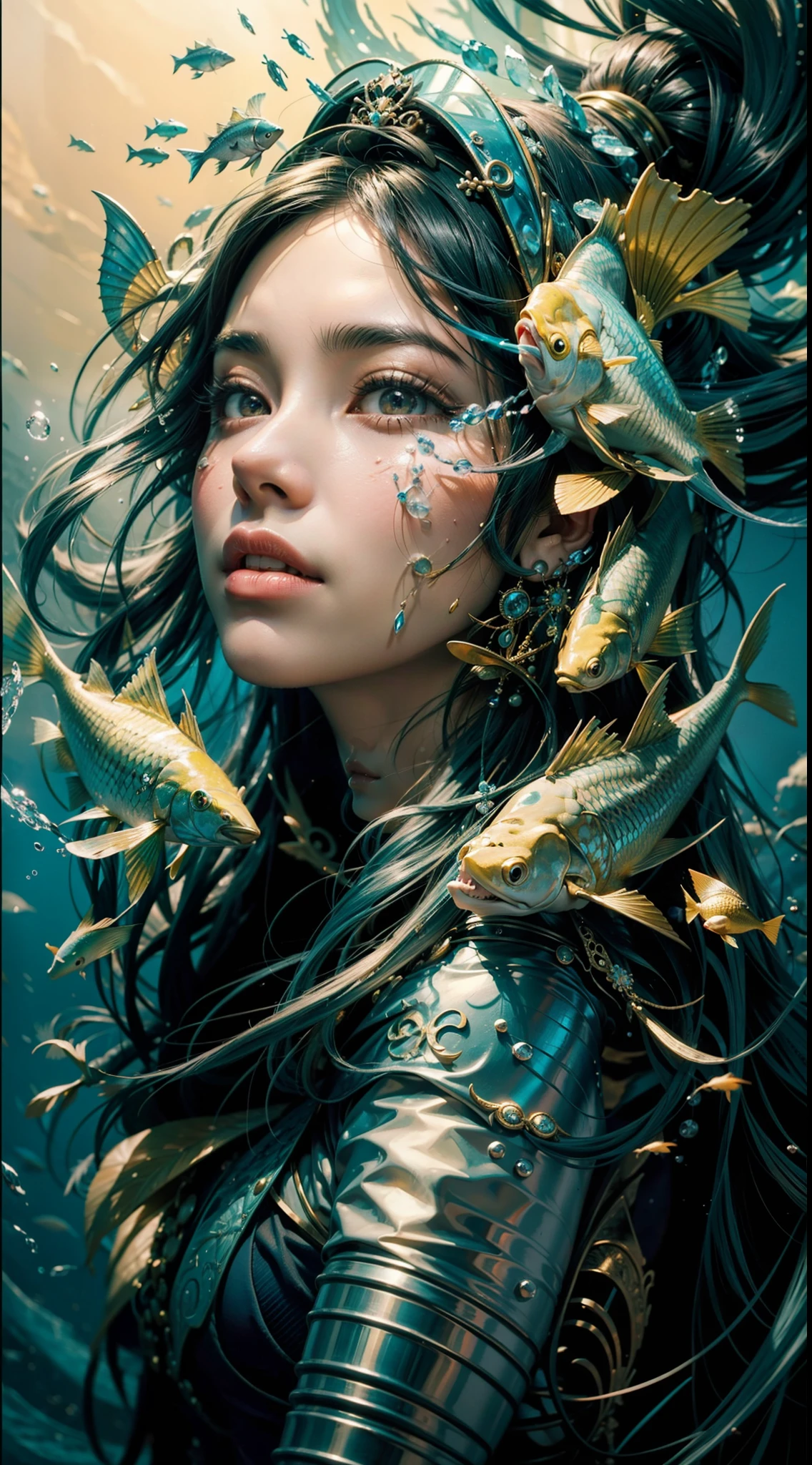 A woman with fish on her head and long hair, lindo arte digital, linda arte digital linda, retrato bonito da arte da fantasia, Retrato da Sereia, bela arte digital, bela arte digital, sereia bonita, Grande arte digital com detalhes, asian female water elemental, arte de fantasia digital em alta, arte digital muito bonita, Rainha do Mar Mu Yanling, arte digital impressionante