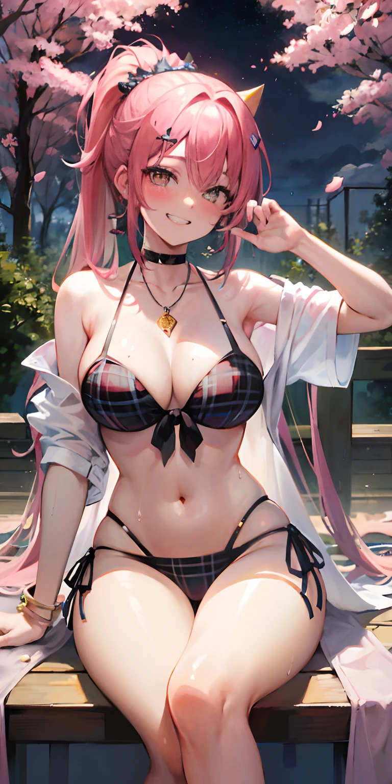 masterpiece, best quality, one girl, long hair, bored, sitting, stand legs, soles, forest 1 girl, bangs, choker, tie, ear piercing, masterpiece, best quality, one girl, long hair, bored, sitting, foot up, soles, forest <feetPoseAnime_v11:0.6, eyebrows visible through hair, grinning, gal, jewelry, kogal, long hair, looking at the beholder, loose tie, tie, piercing, plaid, (bikini), red eye, ring, smile, solo, white shirt, under cherry tree, cherry blossom, nsfw, crystal clear lake, blonde hair, gradient hair, bright moonlight, (beautiful night) Pink areola, exposed briefs, drenched throughout, (ponytail at sides), night (pink hair), double ponytail