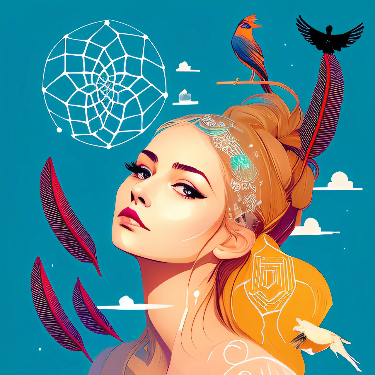 Illustration of a woman with a dream catcher and shamanistic background design and birds in hair, Jen Bartel, von Tim Bishop, im Stil der digitalen Illustration, a beautiful artwork illustration, There are birds on her head, Adobe Illustrator-Kunst, von Eddie Mendoza, Im Stil von Laurie Greasley, von Galen Dara, Illustrationskunst, Brittney Lee, Hochdetaillierte Vektorgrafiken schamistescher flair