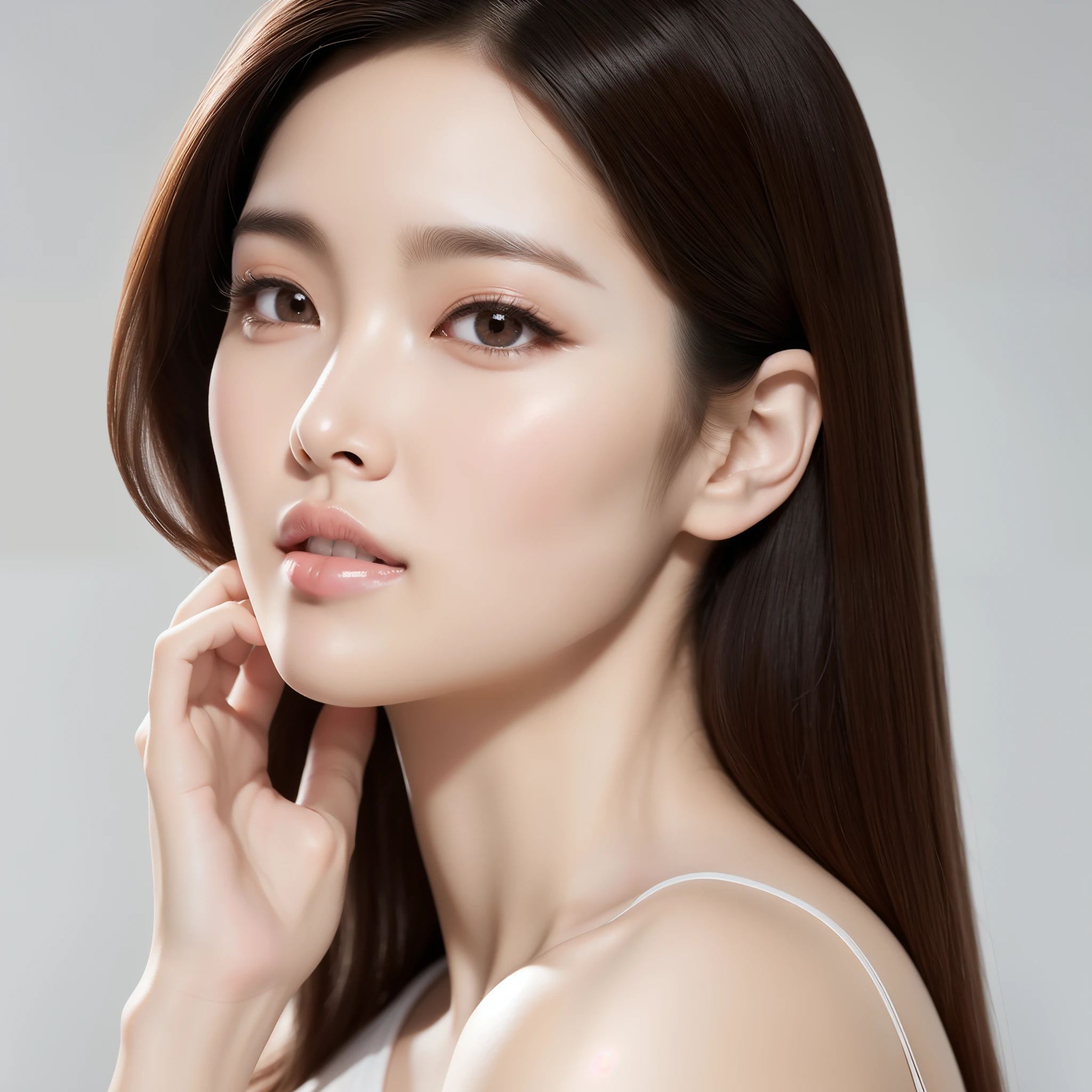 Featuring confident and radiant women, generating AI art inspired by Korean cosmetics advertisements. Displayed up to chest level, showcasing her flawless skin, lively makeup, a focus on fashionable hairstyles, capturing the essence of Korean beauty. Isolated against a natural white background, reflecting beauty and fashion trends, Alaffed Asian women, looking at me diagonally, skincare brand photoshoot, milky white skin, glossy and soft skin, clean facial and body skin, radiant skin, fan art, Yeola, foaming skin, beauty event, official product images, portrait shot, Chen Yangjun, beautiful face in a white tone, ethereal complexion.