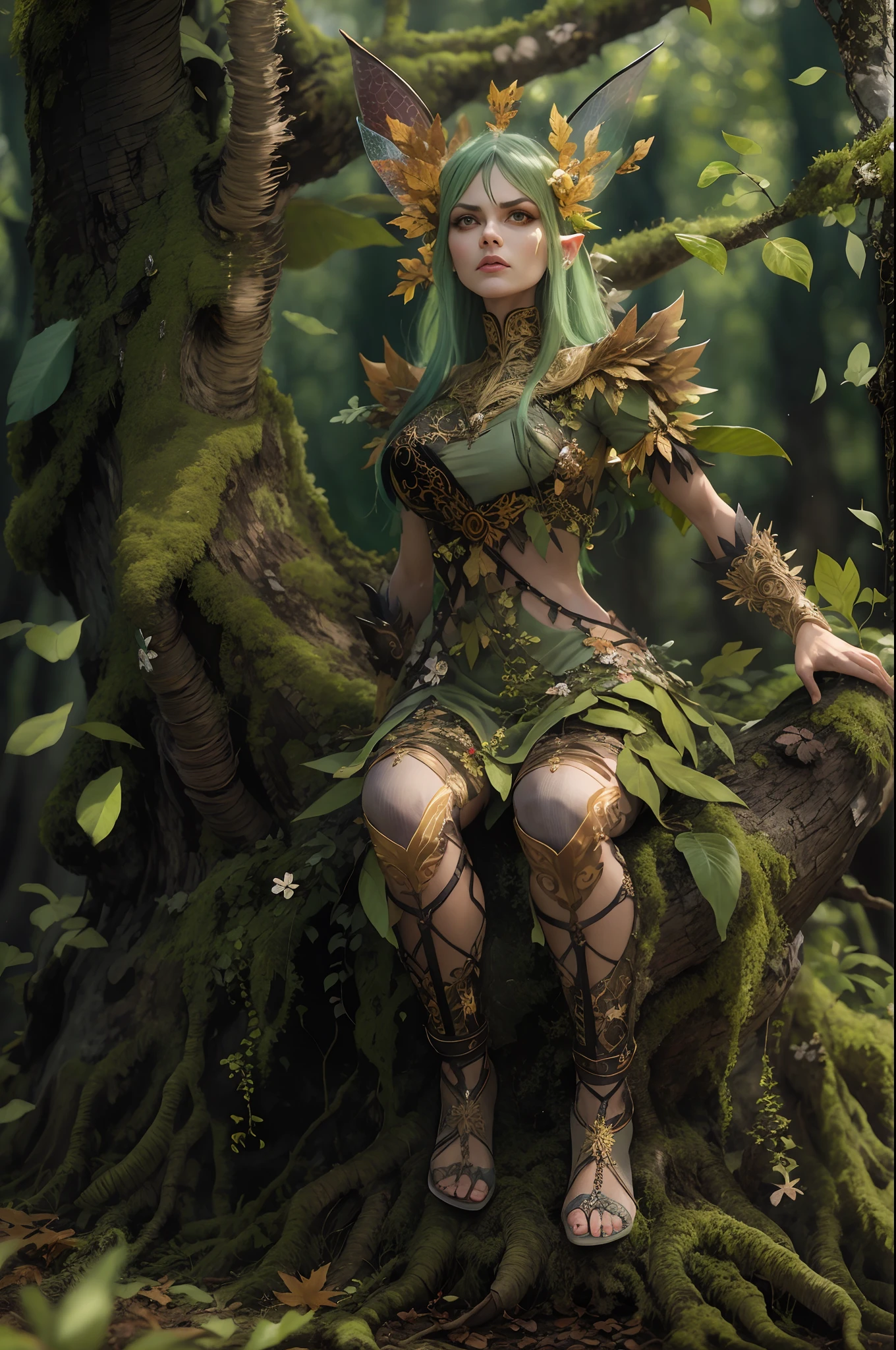 angry fairy in the forest. poisoned oak. highly detailed face, detailed eyes. Full body, sitting on her tree. clothes made from leaves and sparkles.