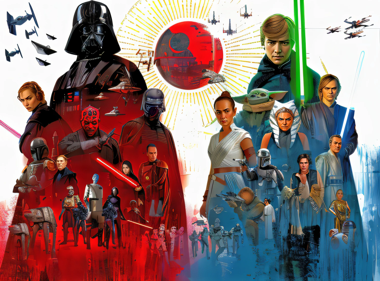 Star Wars movie poster in Samurai style, sci-fi, highly detailed, in the style of hasselblad 1600f, contoured shading, dramatic, Watercolor, trending on artstation, sharp focus, studio photo, intricate details, highly detailed