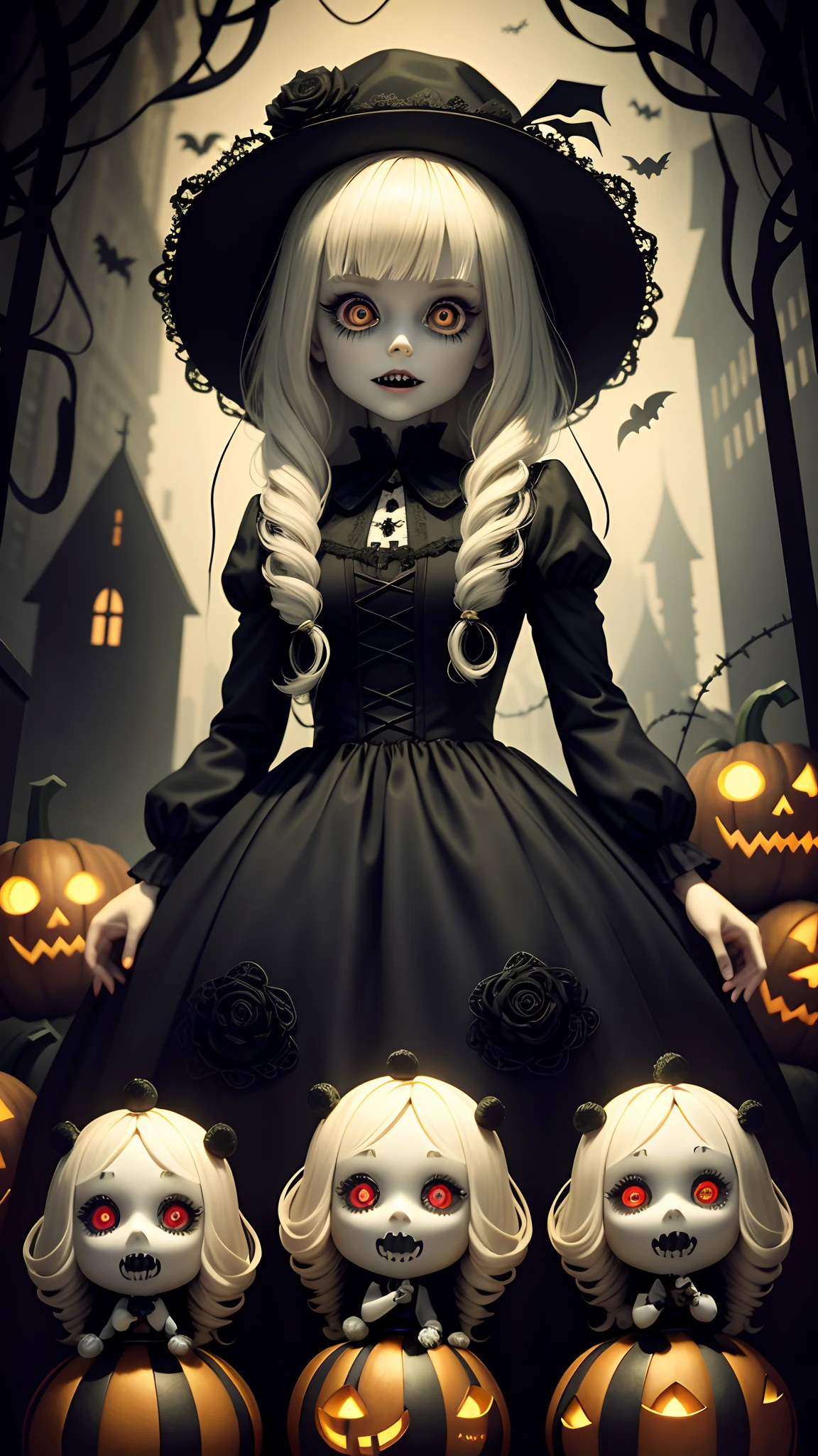 horryfing, Spooky, Frightening, dolls,secret terror, Tentacles, vines, Eyes, uncanny valley effect teeth, fours, critters, Pflanzen, Buildings, pumpkin ghost