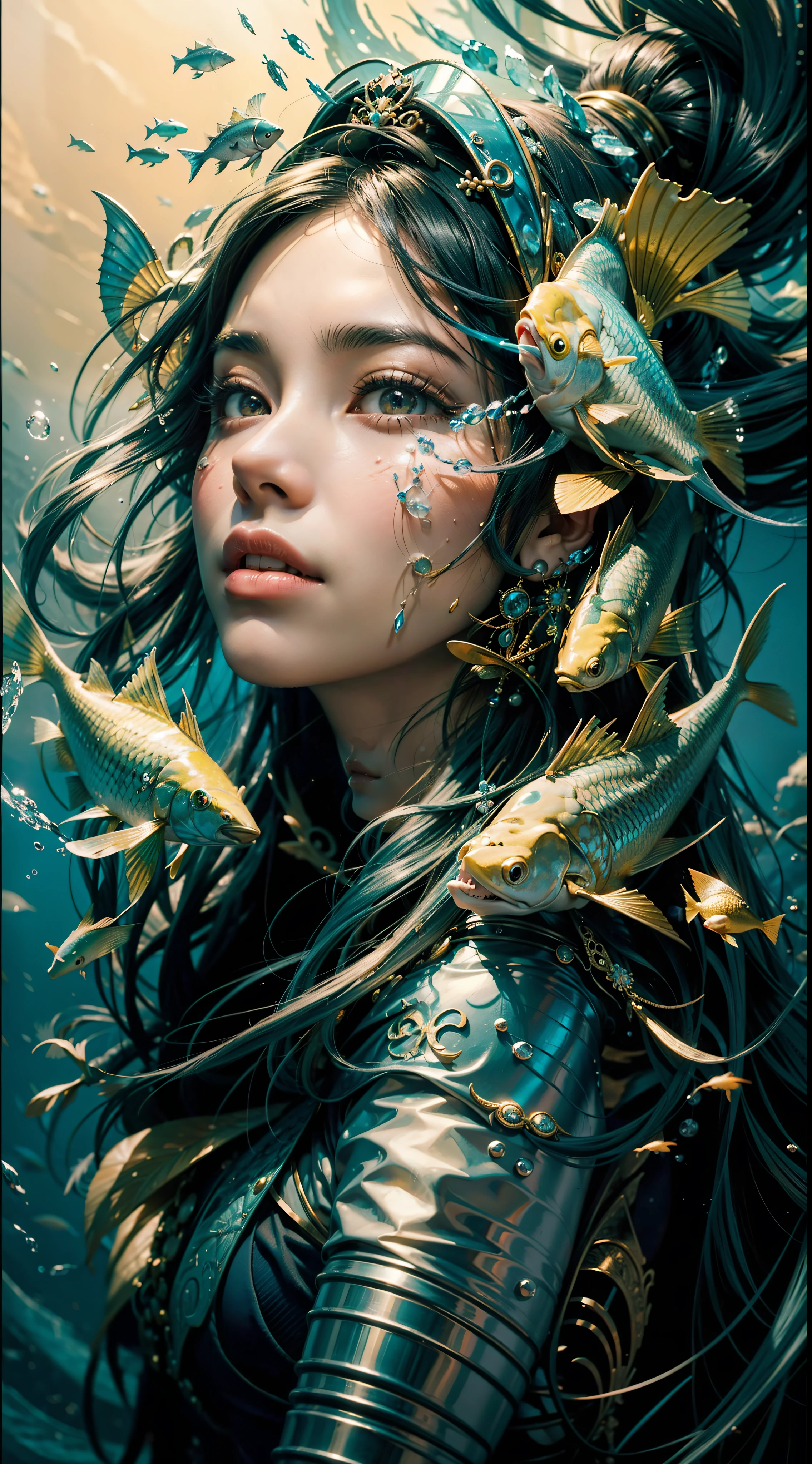 (Realistis:1.4)They are two women in dresses in water with fish, Cinematic. author:Leng Jun, Fantasy photography, closeup fantasy with water magic, yanjun cheng, floathing underwater in a lake, wlop and ross thran, By Fei Danxu, underwater photography, Zhang Jingna, Ethereal fantasy, & jeehyung lee