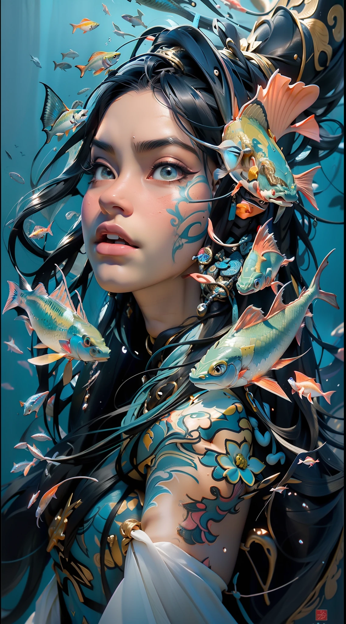 A woman with fish on her head and long hair, lindo arte digital, linda arte digital linda, retrato bonito da arte da fantasia, Retrato da Sereia, bela arte digital, bela arte digital, sereia bonita, Grande arte digital com detalhes, asian female water elemental, arte de fantasia digital em alta, arte digital muito bonita, Rainha do Mar Mu Yanling, arte digital impressionante