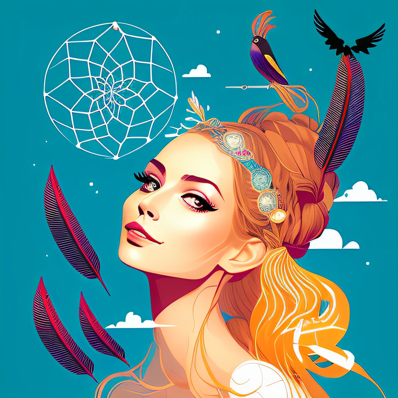 Illustration of a woman with a dream catcher and shamanistic background design and birds in hair, Jen Bartel, von Tim Bishop, im Stil der digitalen Illustration, a beautiful artwork illustration, There are birds on her head, Adobe Illustrator-Kunst, von Eddie Mendoza, Im Stil von Laurie Greasley, von Galen Dara, Illustrationskunst, Brittney Lee, Hochdetaillierte Vektorgrafiken schamistescher flair