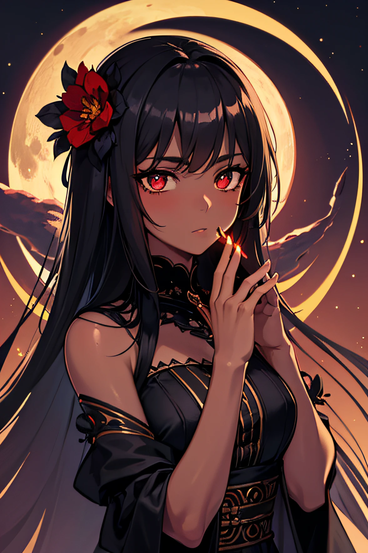 Masterpiece, Best Quality, Night, Full Moon, 1 Girl, Mature Female, Black Skin Tone, Sister, Royal Sister, Cold Expression, Face expressionless, Black Long Haired Female, Calm, Intellectual, Three Bands, Red Pupils, Assassin, Short Knife, Flower Ball Background, Hand Details, Finger Details, Facial Details, Eye Details,