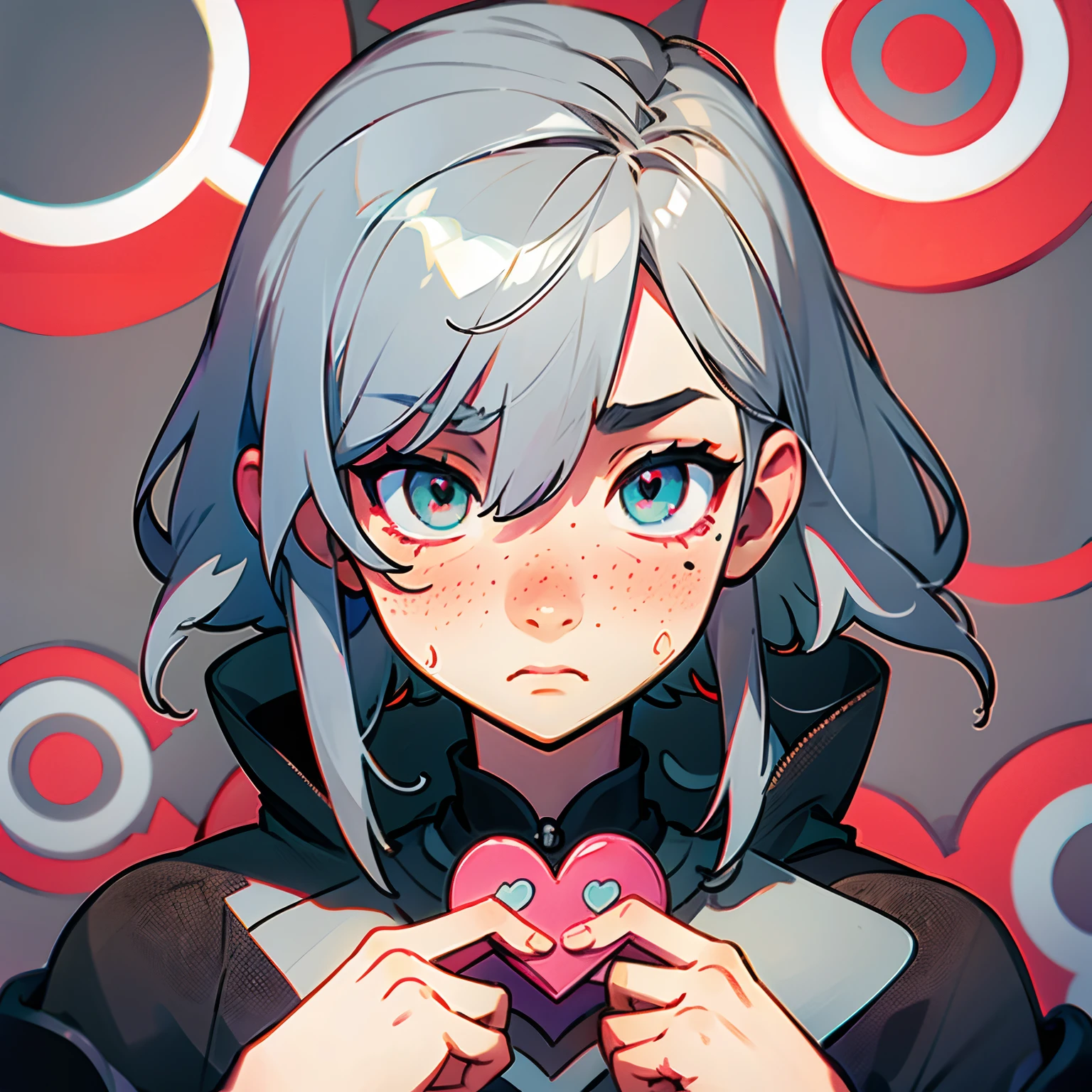 Heart-shaped target, cute guy, gray hair, With black tears, freckles