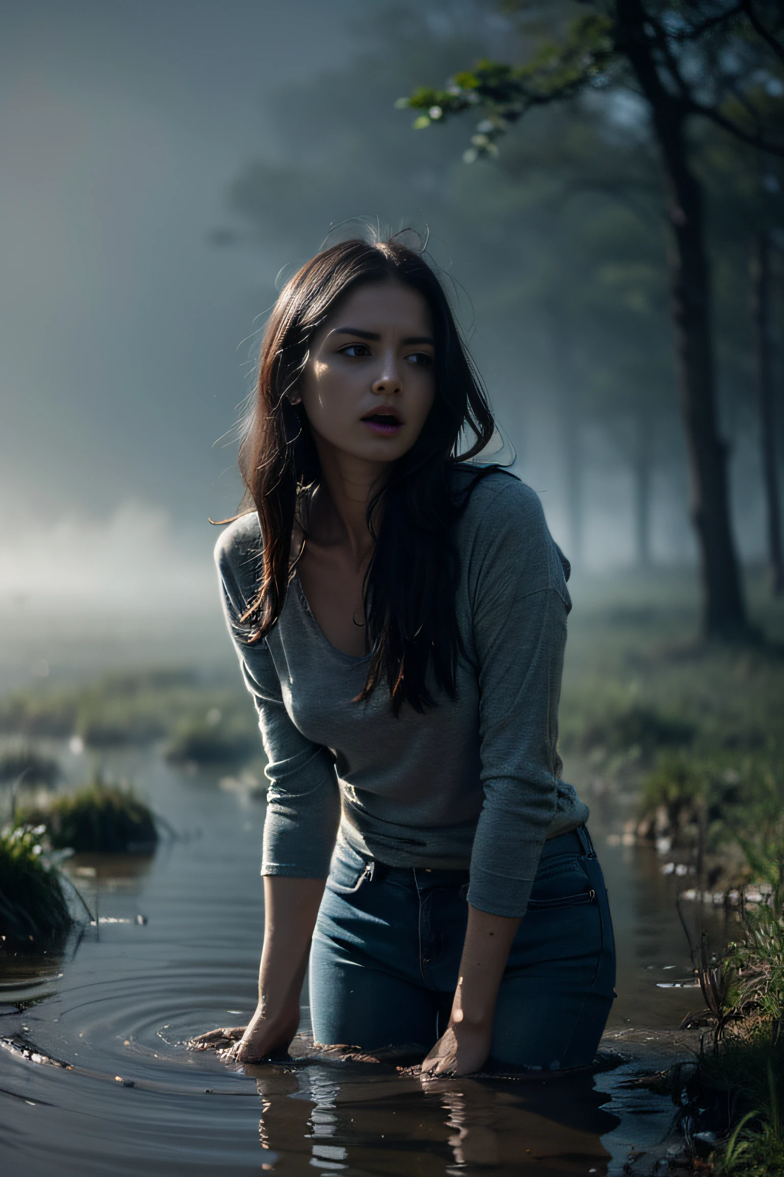 woman in jeans and blouse, sinking in a swamp, last minutes, death, (best quality,4k,8k,highres,masterpiece:1.2), ultra-detailed, (realistic,photorealistic,photo-realistic:1.37), dark atmosphere, dramatic lighting, haunting, desperate struggle, muddy water, sinking fast, panic, gasping for breath, suffocating, tangled reeds, hauntingly beautiful, pale face, fear in her eyes, grasping for help, motion blur, disheveled hair, muddy clothes clinging to her body, eerie silence, murky swamp water, dense fog, somber colors, chilling presence.