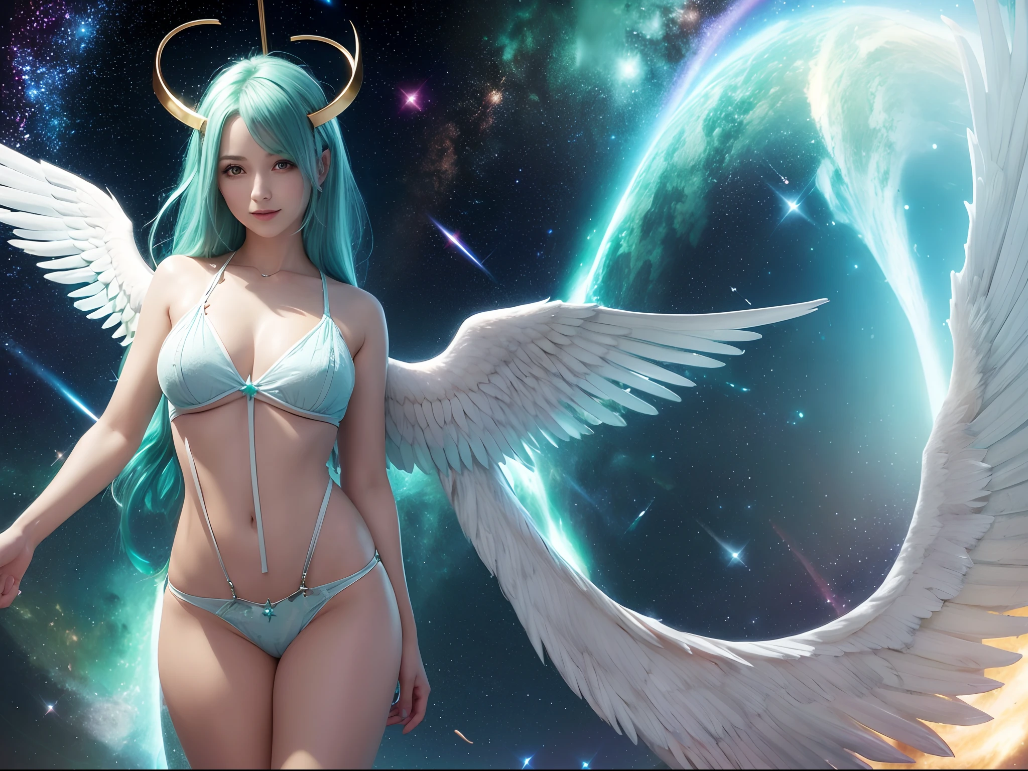 A woman, blue green hair, Red eyes, Smile, Angel wings, Golden halo, White suspenders, Standing upright, In outer space, galaxy in background, stars in the distance, full bodyesbian