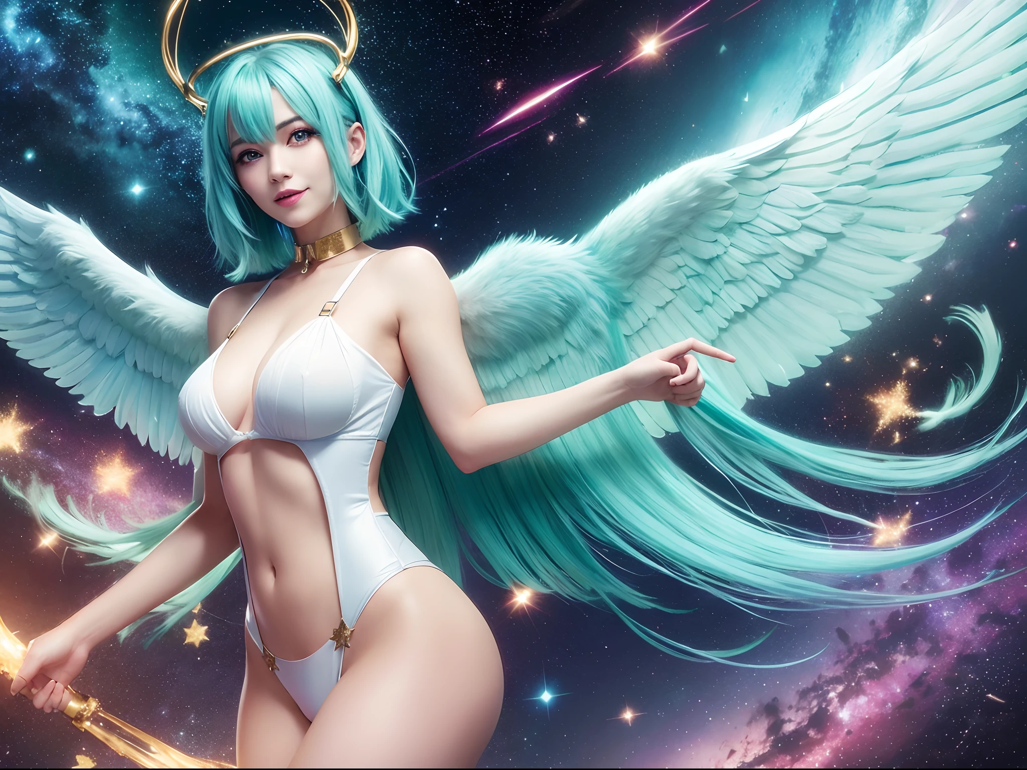 A woman, blue green hair, Red eyes, Smile, Angel wings, Golden halo, White suspenders, Standing upright, In outer space, galaxy in background, stars in the distance, full bodyesbian